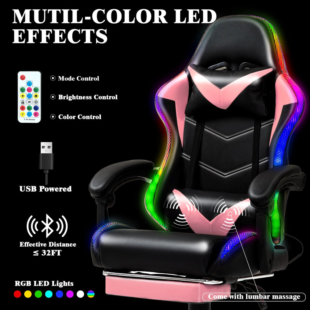 Czlolo Gaming Chair, RGB Racing Style Gamer Chairs for Adults and Kids,with Lumbar Massager, LED Lights, High Backrest Reclining, Footrest