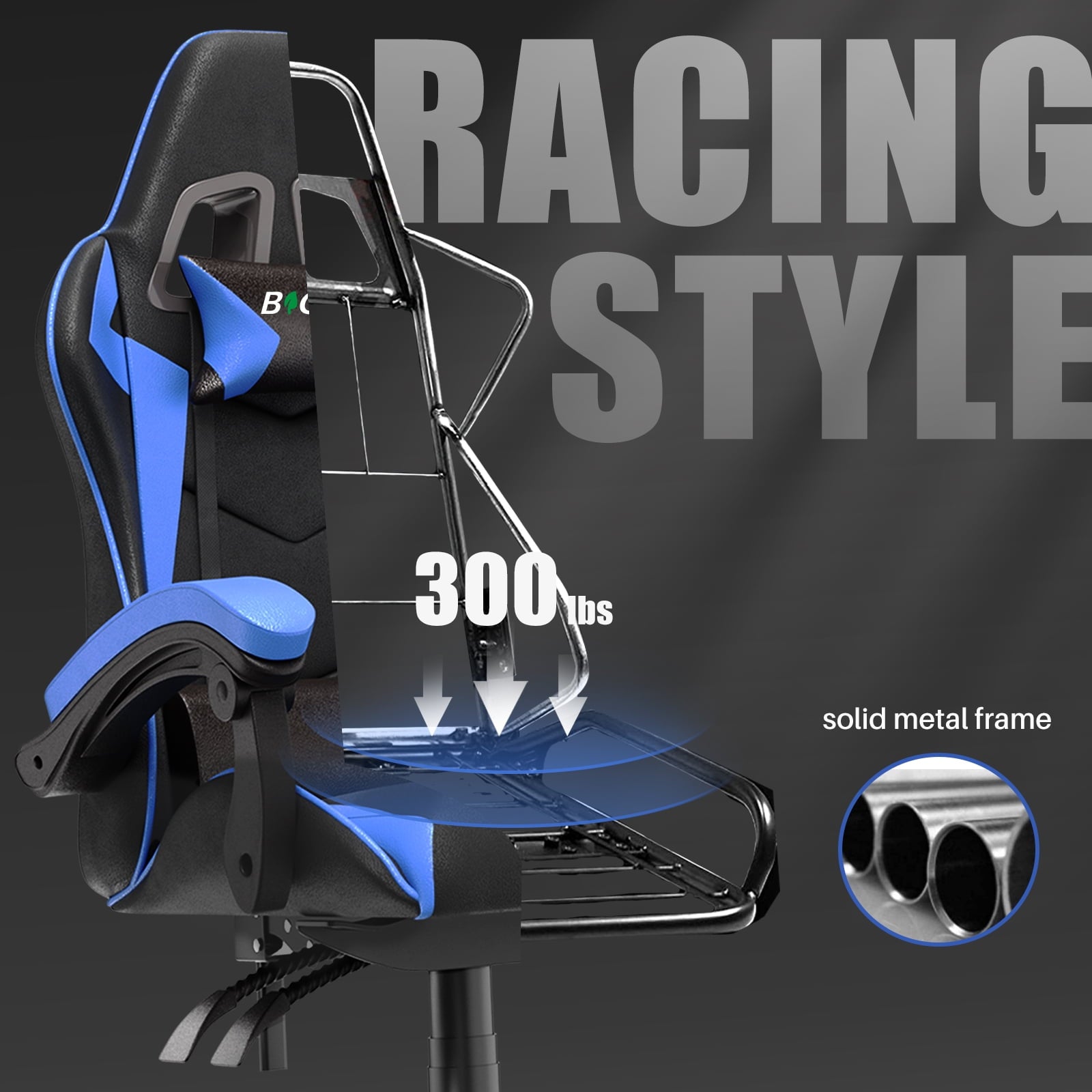 Bigzzia Gaming Chair Pu Leather Office Chair with Ergonomic Lumbar Pillow, Reclining Racing Game Chair Backrest and Seat Height Adjustable Swivel Recliner,Esports Chair with Headrest,Blue