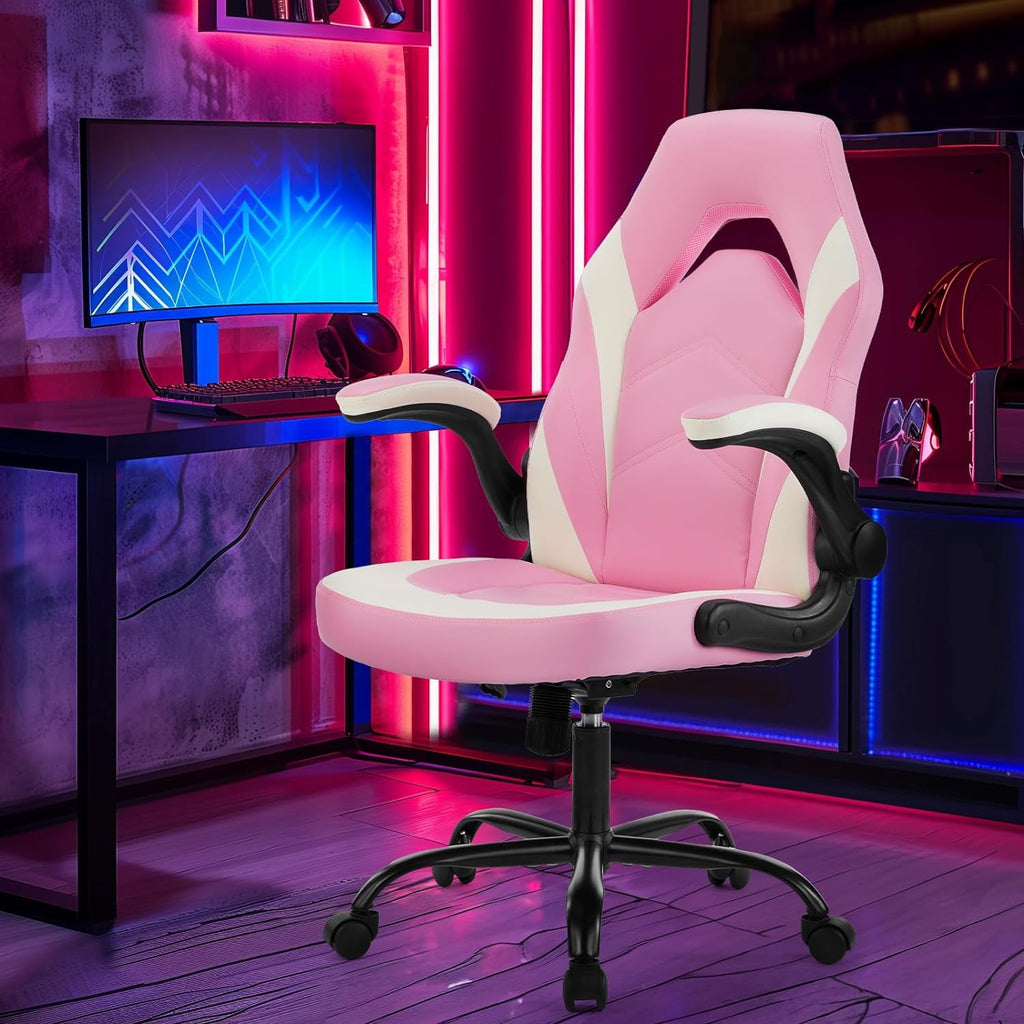 Computer Gaming Desk Chair - Pink Ergonomic Office Executive Adjustable Swivel Task PU Leather Racing Chair with Flip-up Armrest for Adults, Kids, Men, Girls, Gamer, White Pink