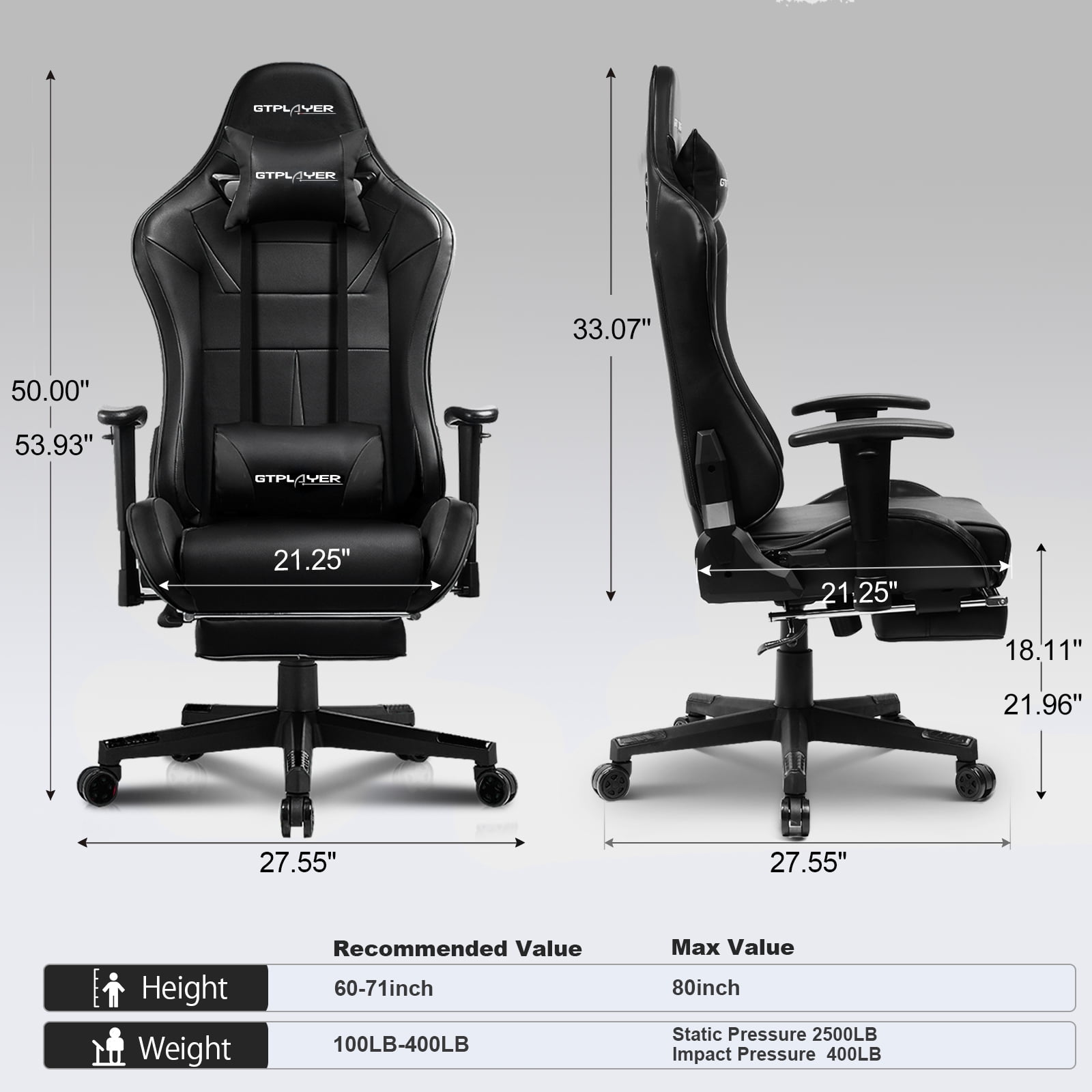 GTRACING Music Gaming Chair with Footrest Ergonomic Reclining PU Leather Office Chair, Black
