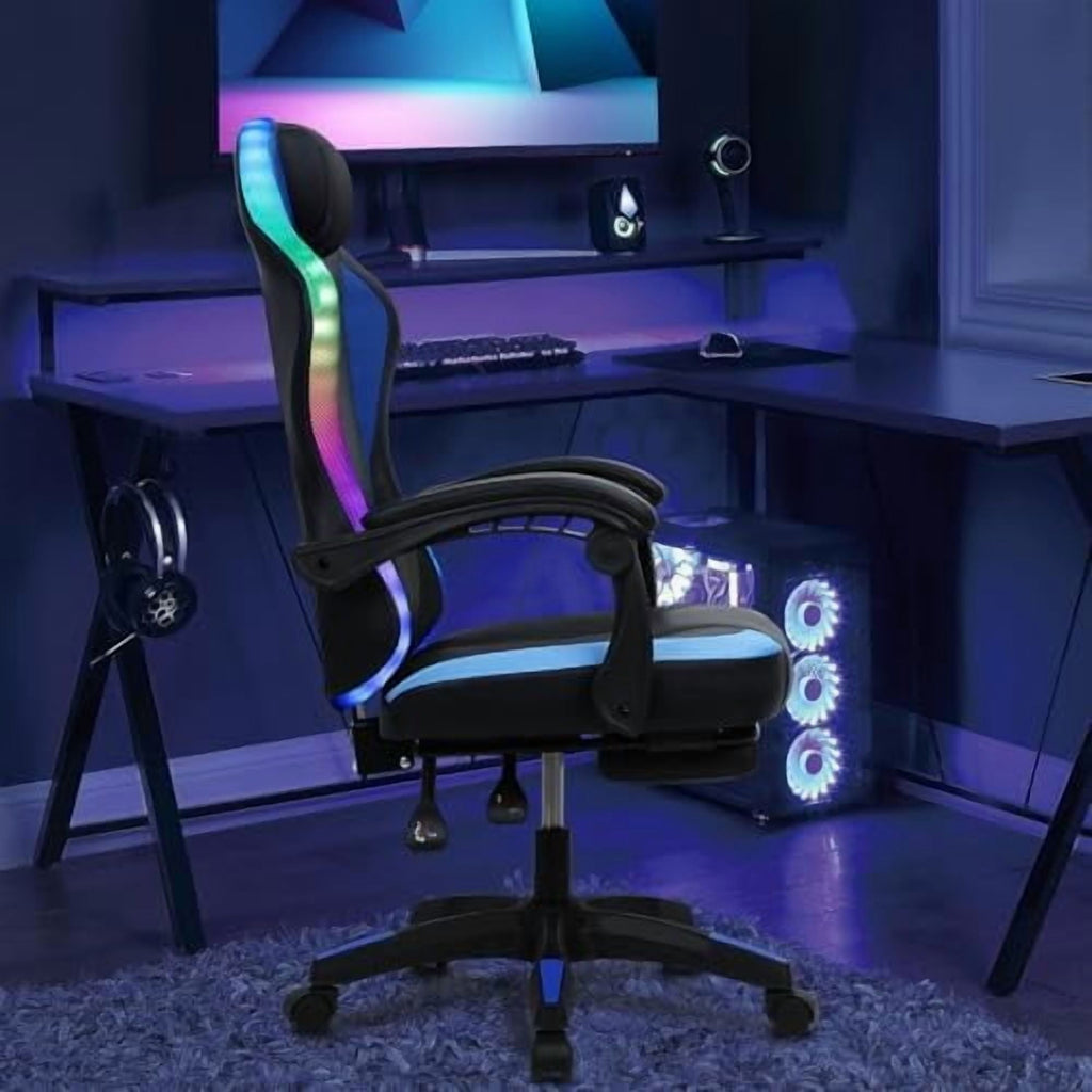 Gaming Chair with Speakers, Bluetooth Gaming Chair with RGB LED Lights and Footrest, Height Adjustable Massage Computer Chair Lumbar Support for Adults (Black)