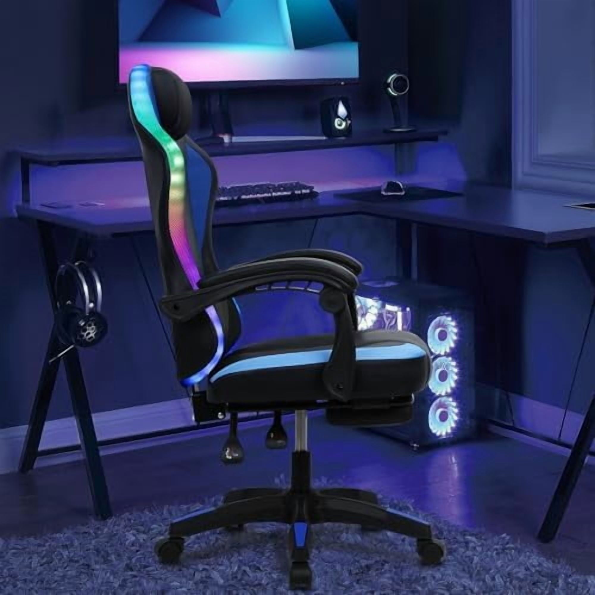 Gaming Chair with Speakers, Bluetooth Gaming Chair with RGB LED Lights and Footrest, Height Adjustable Massage Computer Chair Lumbar Support for Adults (Black)