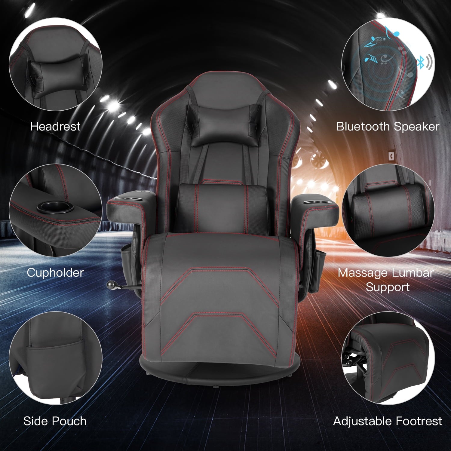 Gaming Chair Massage Ergonomic High Back Swivel Recliner Office Computer Chair with Bluetooth Speakers, Cupholder, Headrest, Lumbar Support, Adjustable Backrest and Footrest, Black
