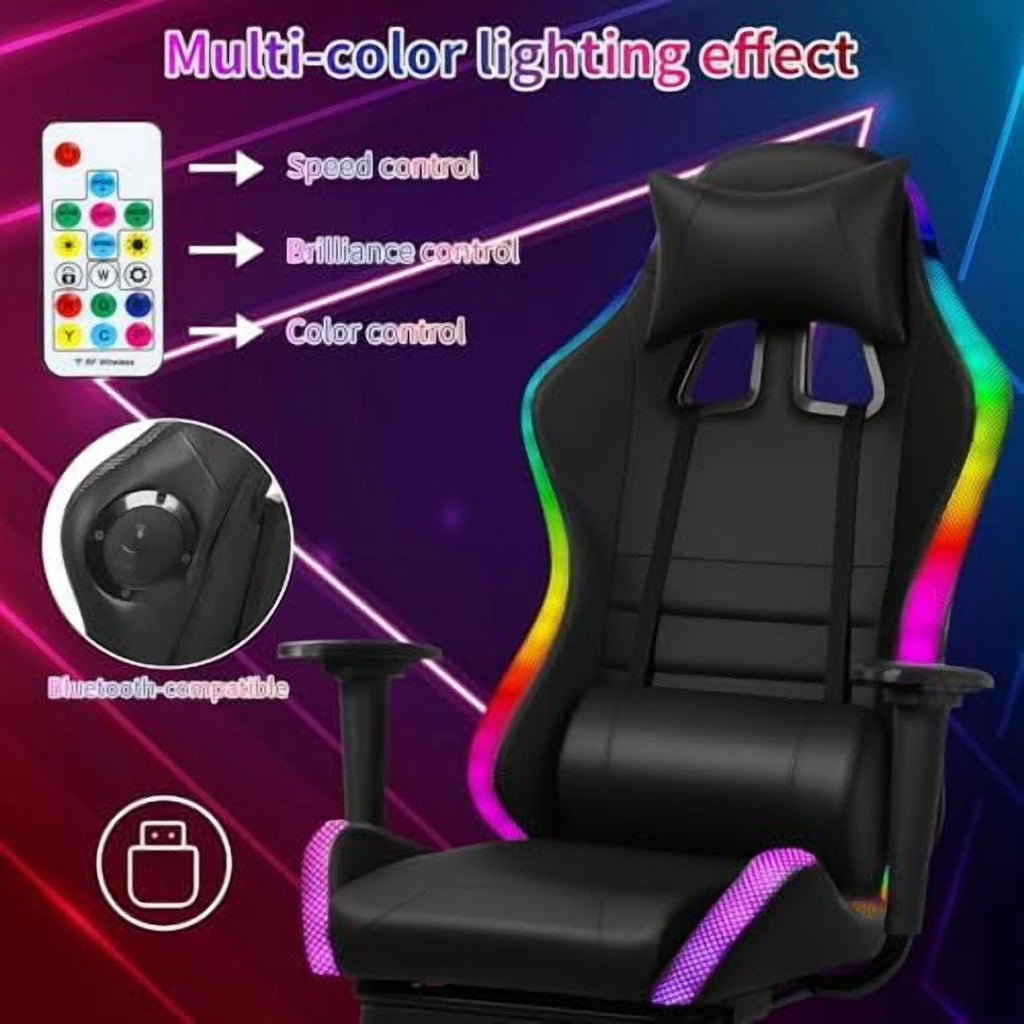 Gaming Chair with Speakers, Bluetooth Gaming Chair with RGB LED Lights and Footrest, Height Adjustable Massage Computer Chair Lumbar Support for Adults (Black)