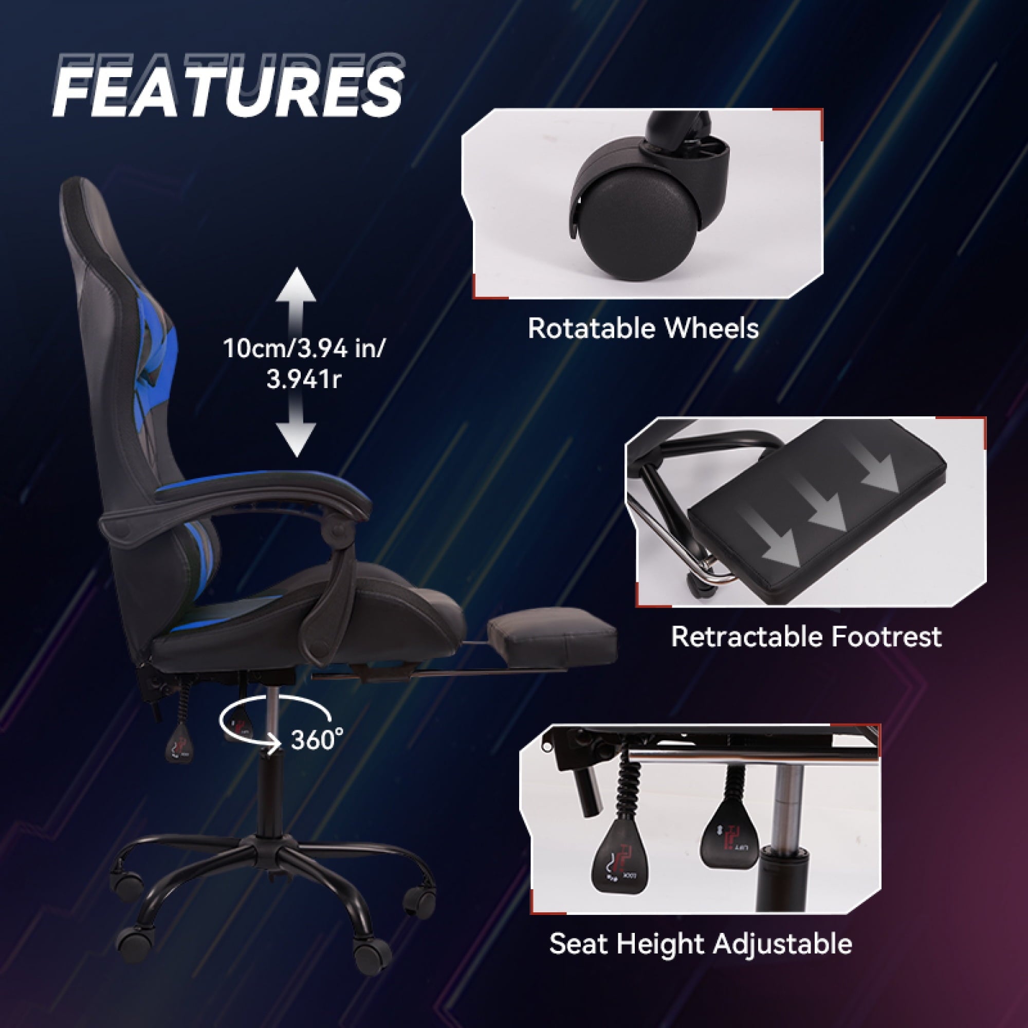 Gaming Chair Black-Blue - Ergonomic PU Seat w/Adjustable Armrests & Metal Legs