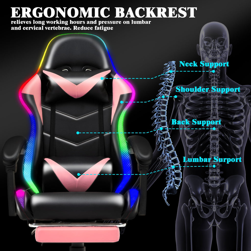 Czlolo Gaming Chair, RGB Racing Style Gamer Chairs for Adults and Kids,with Lumbar Massager, LED Lights, High Backrest Reclining, Footrest