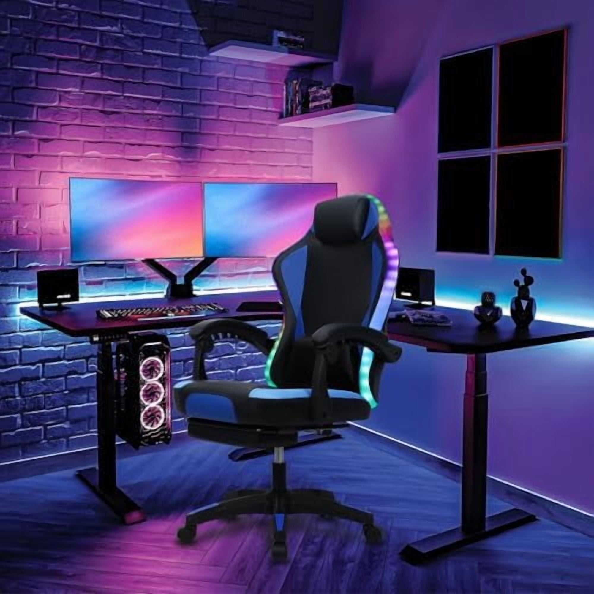 Gaming Chair with Speakers, Bluetooth Gaming Chair with RGB LED Lights and Footrest, Height Adjustable Massage Computer Chair Lumbar Support for Adults (Black)