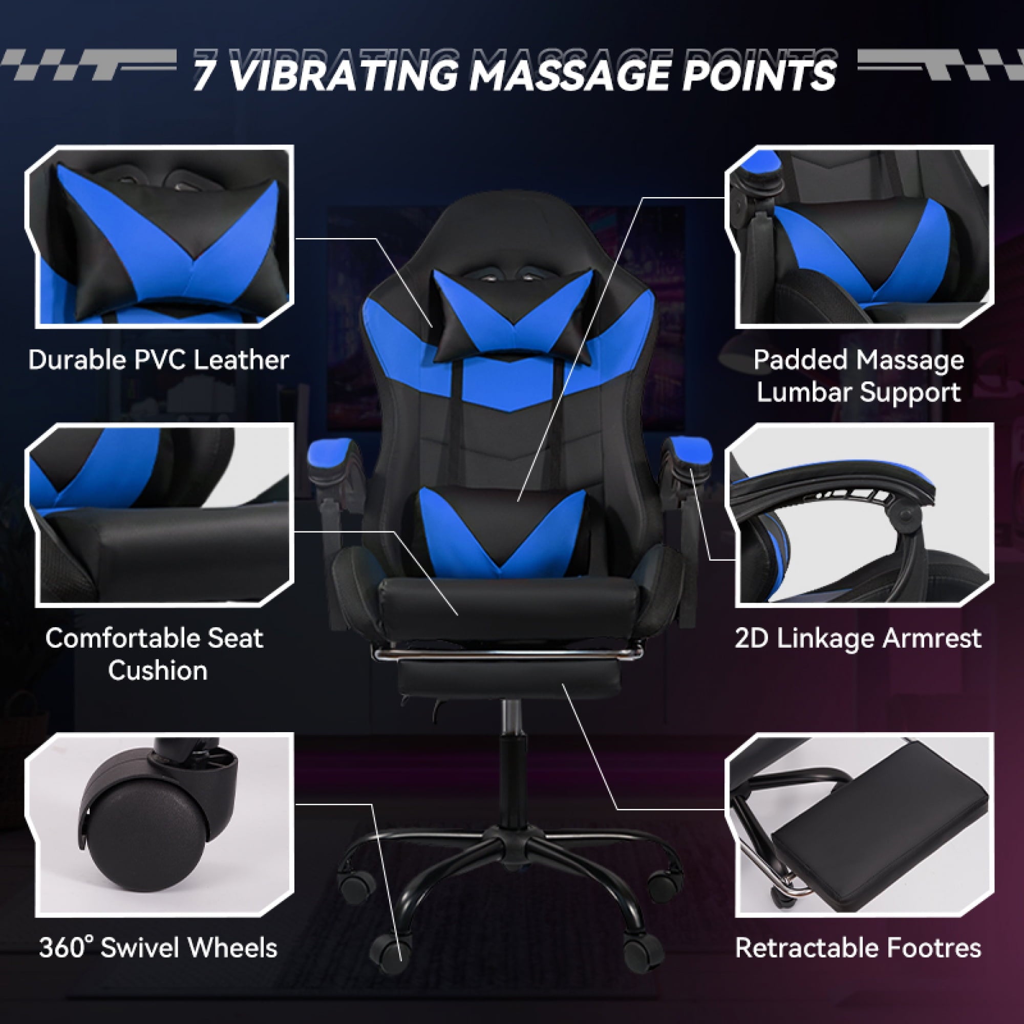 Gaming Chair Black-Blue - Ergonomic PU Seat w/Adjustable Armrests & Metal Legs