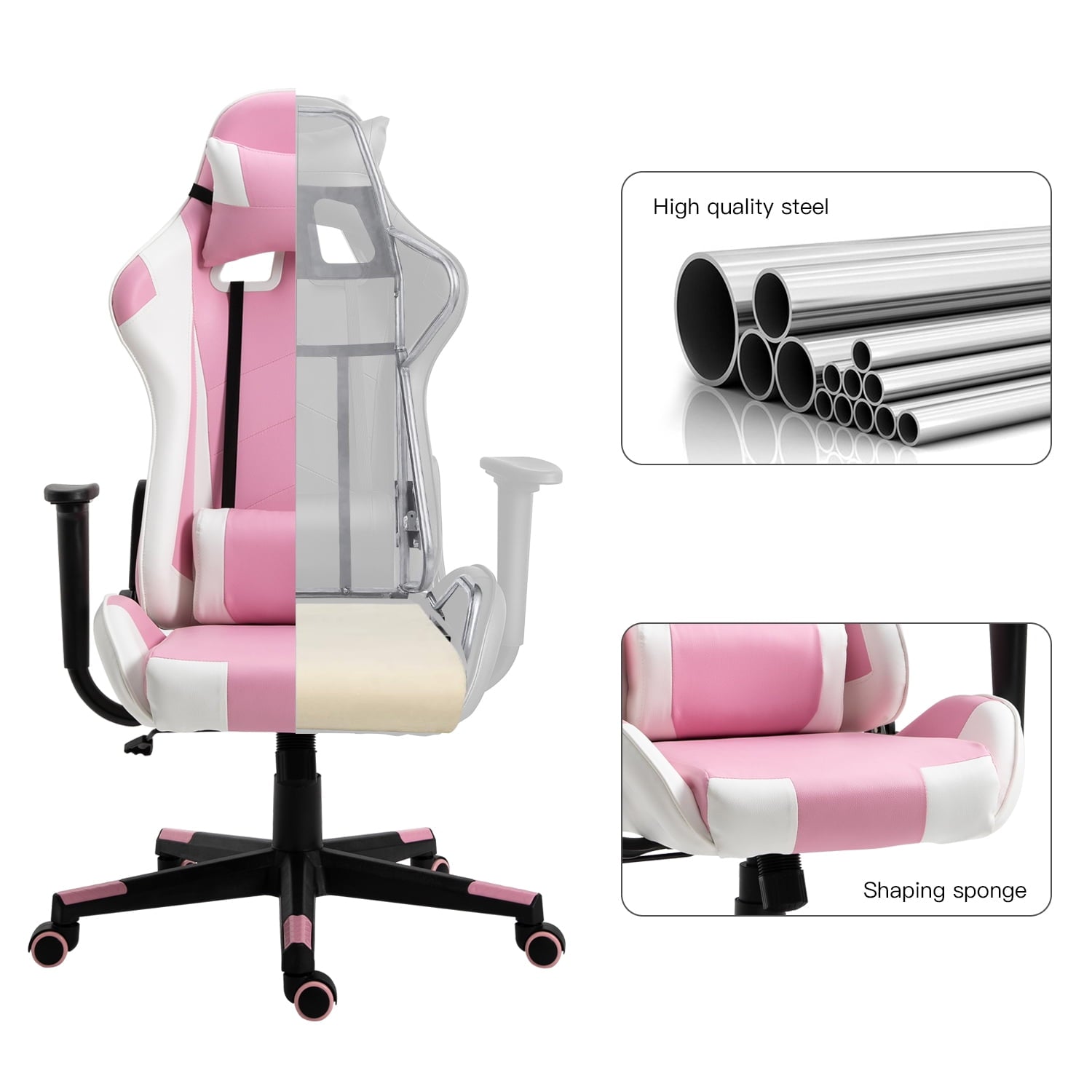 Gaming Chair Office Desk Chair Ergonomic Reclining Computer Chair Height Adjustable Swivel Recliner with Headrest Lumbar Support, Pink White