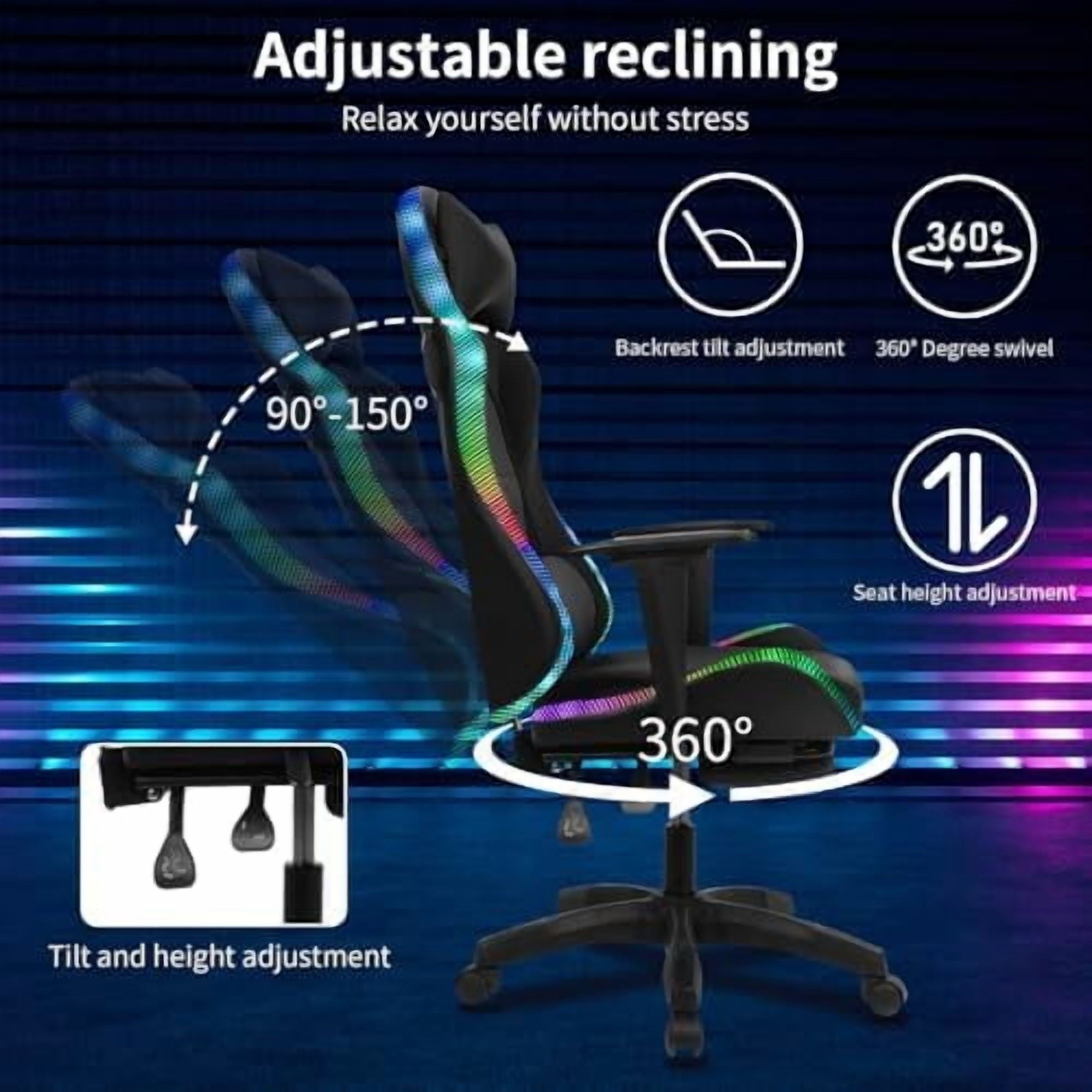 Gaming Chair with Speakers, Bluetooth Gaming Chair with RGB LED Lights and Footrest, Height Adjustable Massage Computer Chair Lumbar Support for Adults (Black)