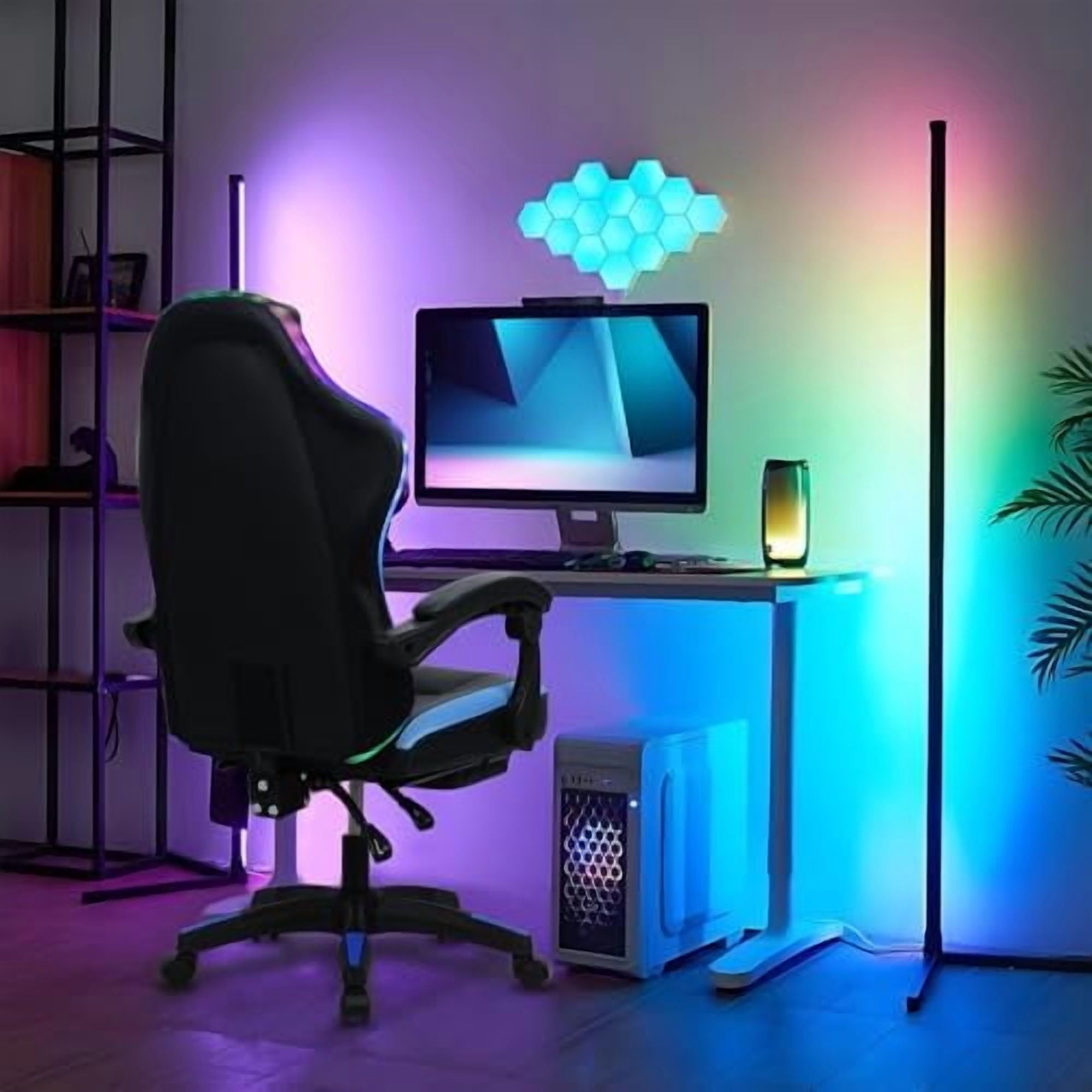 Gaming Chair with Speakers, Bluetooth Gaming Chair with RGB LED Lights and Footrest, Height Adjustable Massage Computer Chair Lumbar Support for Adults (Black)