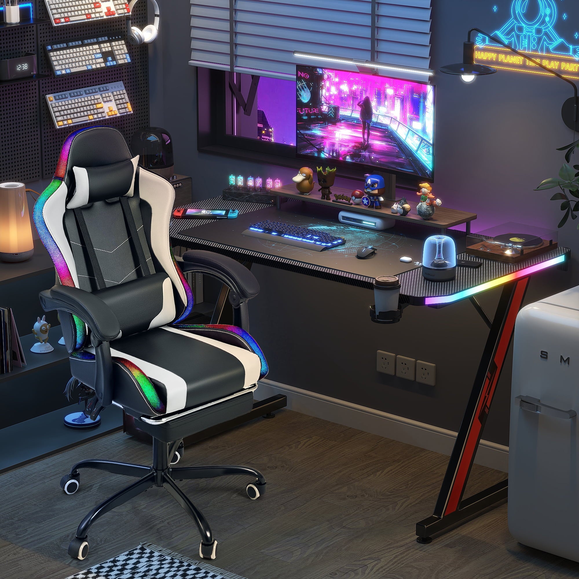 Homall RGB Gaming Desk and Chair Set, Carbon Fiber Desktop Z-Shape Table Massage Ergonomics Racing Chair E-Sports LED Lights RGB Gaming Chair with Footrest, White