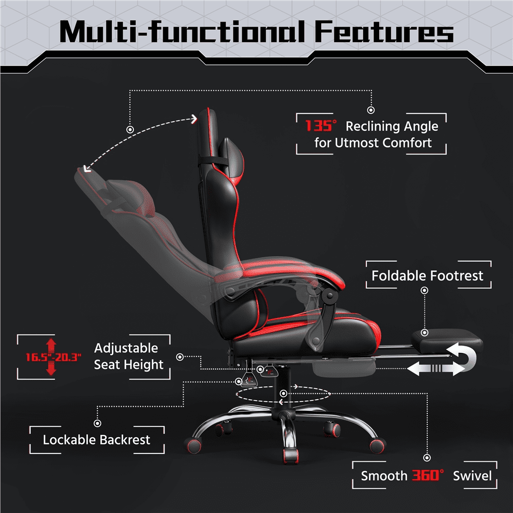 Yaheetech Reclining Gaming Chair with Folding Footrest and Massage Lumbar Pillow, Black/Red