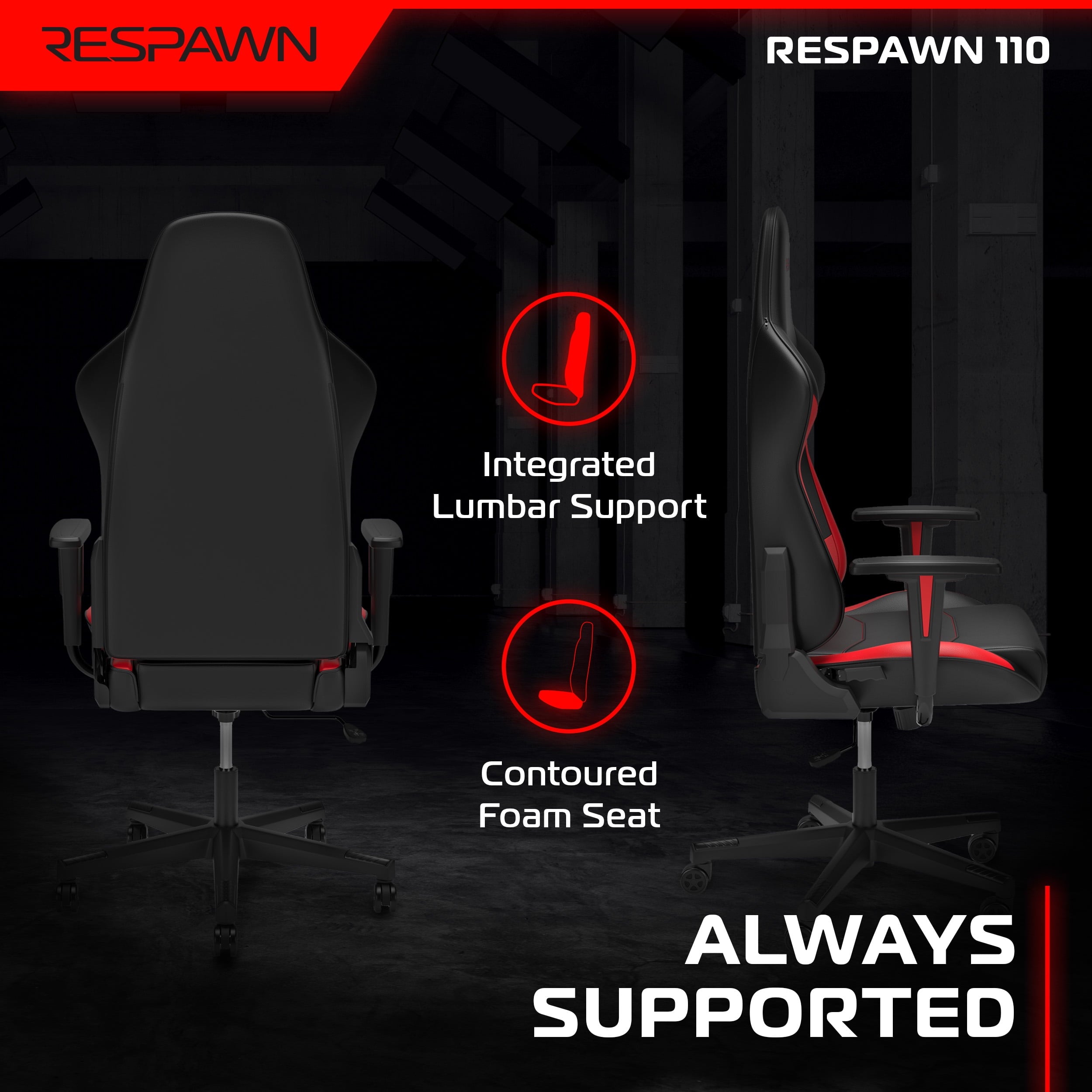 RESPAWN 110 Ergonomic Gaming Chair - Reclining Office Video Game Swivel Chair with Lumbar Support, Headrest, Heavy Duty, High Back, Racing Style Gaming Recliner Seat for Computer Gamer - Red