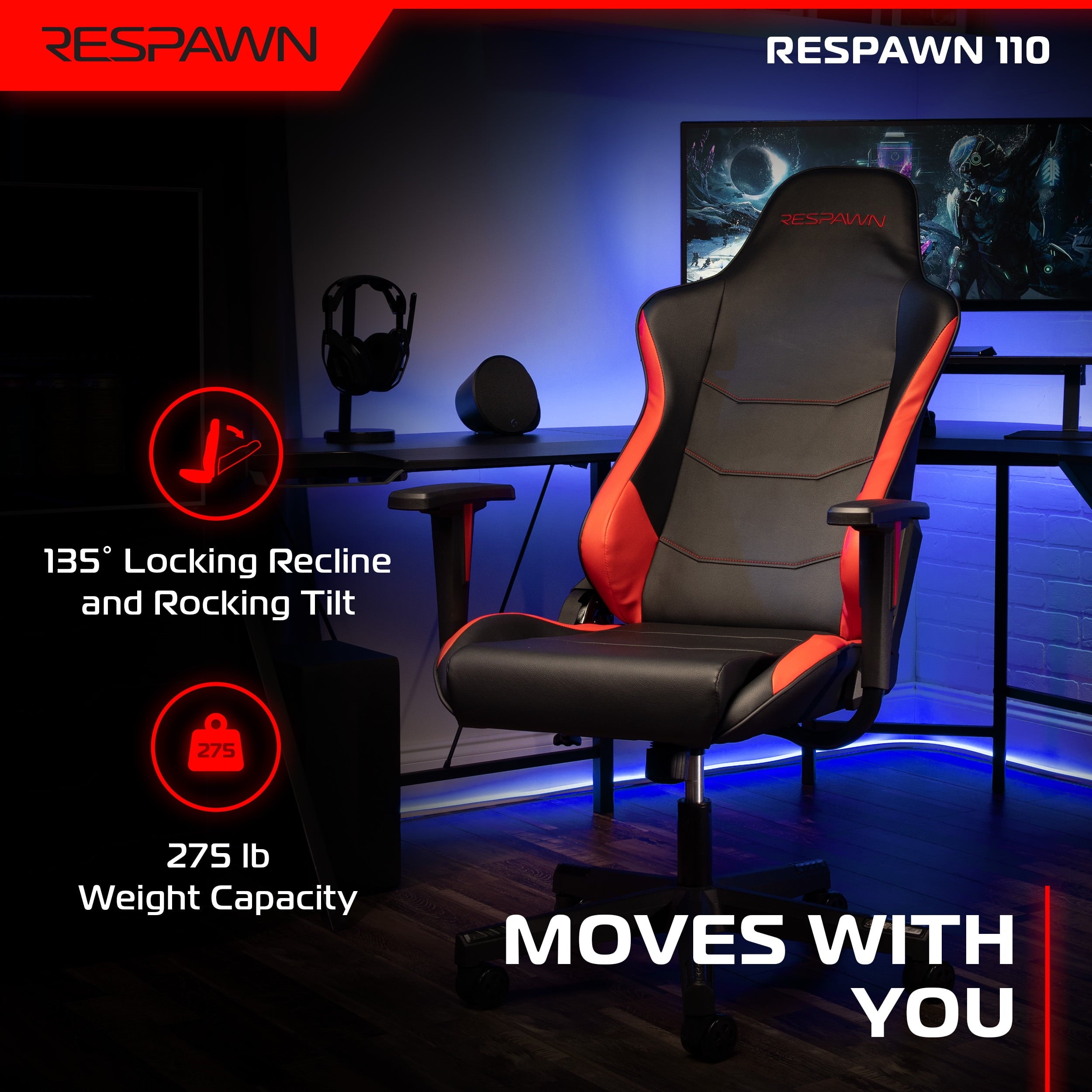 RESPAWN 110 Ergonomic Gaming Chair - Reclining Office Video Game Swivel Chair with Lumbar Support, Headrest, Heavy Duty, High Back, Racing Style Gaming Recliner Seat for Computer Gamer - Red