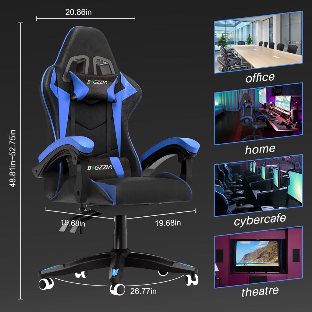 Bigzzia Gaming Chair Pu Leather Office Chair with Ergonomic Lumbar Pillow, Reclining Racing Game Chair Backrest and Seat Height Adjustable Swivel Recliner,Esports Chair with Headrest,Blue