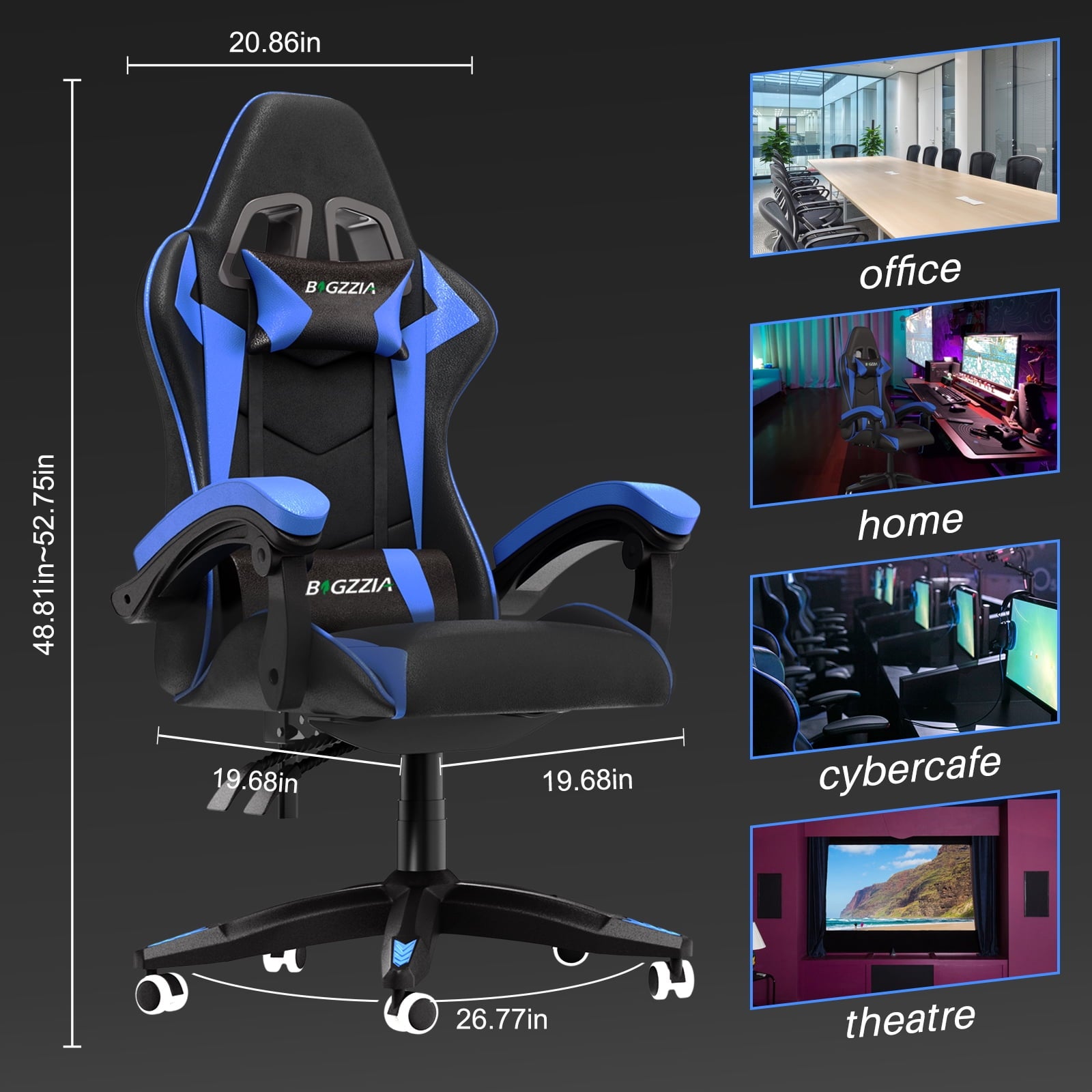 Bigzzia Gaming Chair Pu Leather Office Chair with Ergonomic Lumbar Pillow, Reclining Racing Game Chair Backrest and Seat Height Adjustable Swivel Recliner,Esports Chair with Headrest,Blue