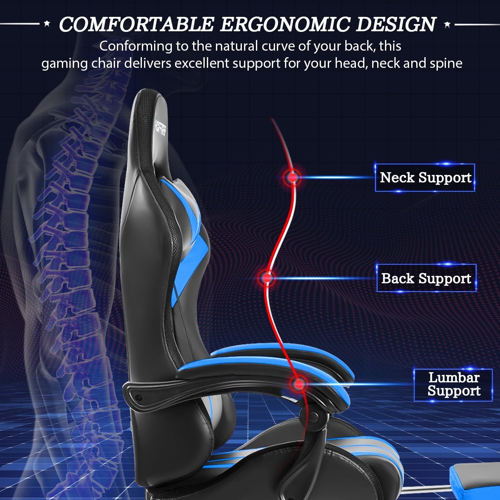 Hoffree Gaming Chair with Massage PU Leather Office Chair with Footrest and LED Light Ergonomic Gamer Chair Lumbar Support Adjustable Headrest High Back Computer Desk Chair for Home Office