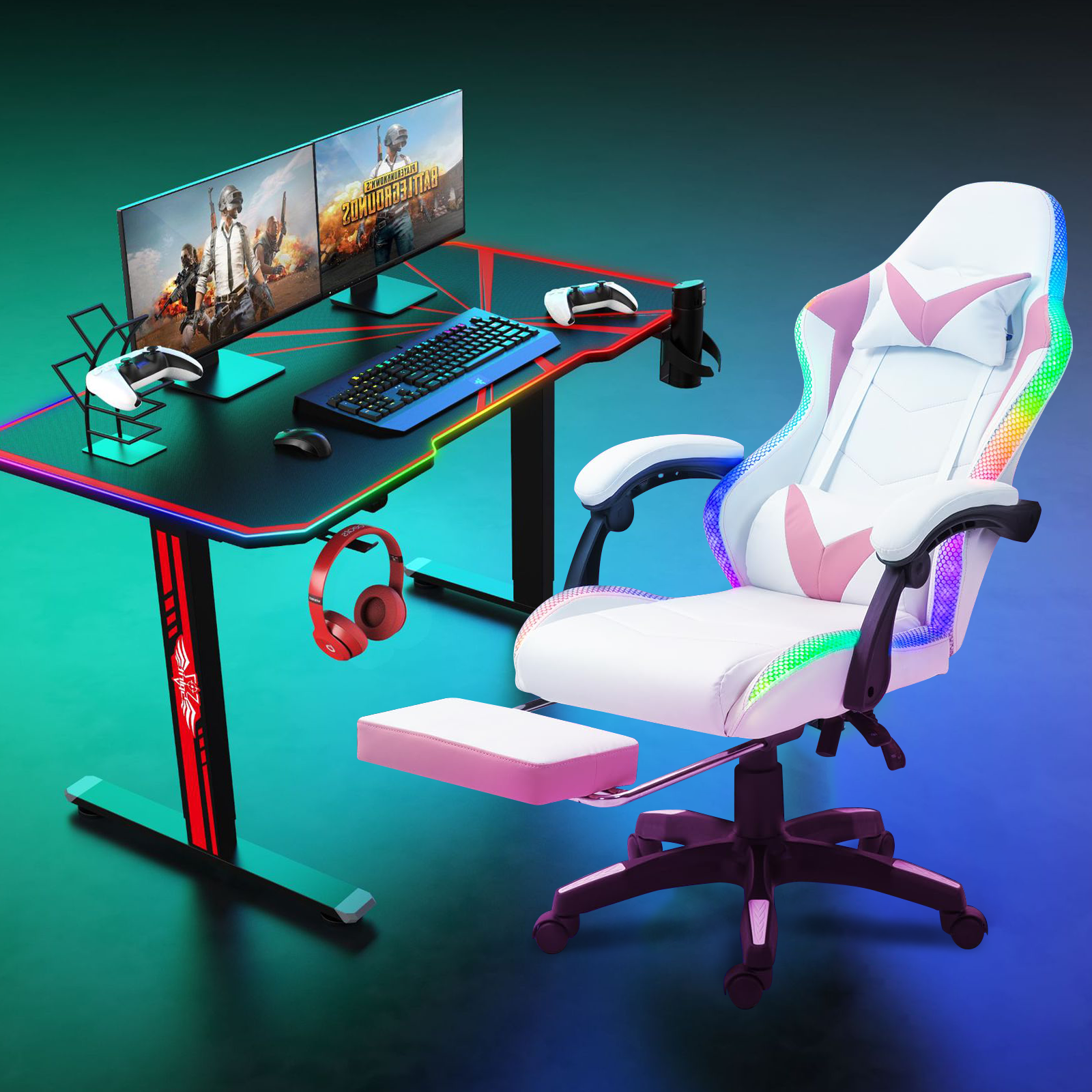 Gaming Chair with RGB LED Lights, Video Game Chair with Footrest and Massage Lumbar Support, High Back Reclining Computer Chair with Headrest, Swivel Gamer Chair with Armrest (Pink+White)