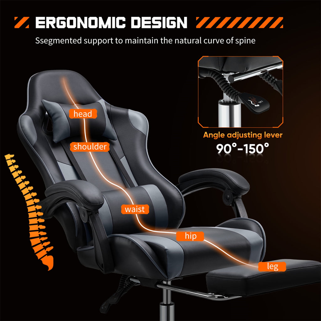 Aukfa Video Game Chair with Footrest, Racing Style Gamer Chair w/ Lumbar Support for Adults, Gray