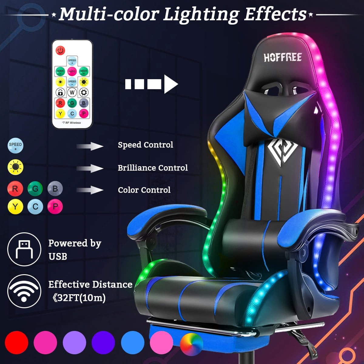 Hoffree Gaming Chair with Massage PU Leather Office Chair with Footrest and LED Light Ergonomic Gamer Chair Lumbar Support Adjustable Headrest High Back Computer Desk Chair for Home Office