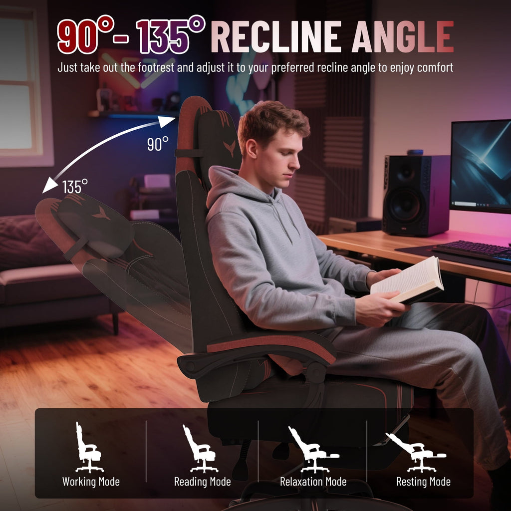 Luxvie Velvet Fabric Gaming Chair With Footrest, Ergonomic Comfortable Video Gamer Chair For Adult, Reclining Office Computer Desk Game Chairs With Massage Lumbar Cushion and Headrest, Black&Red