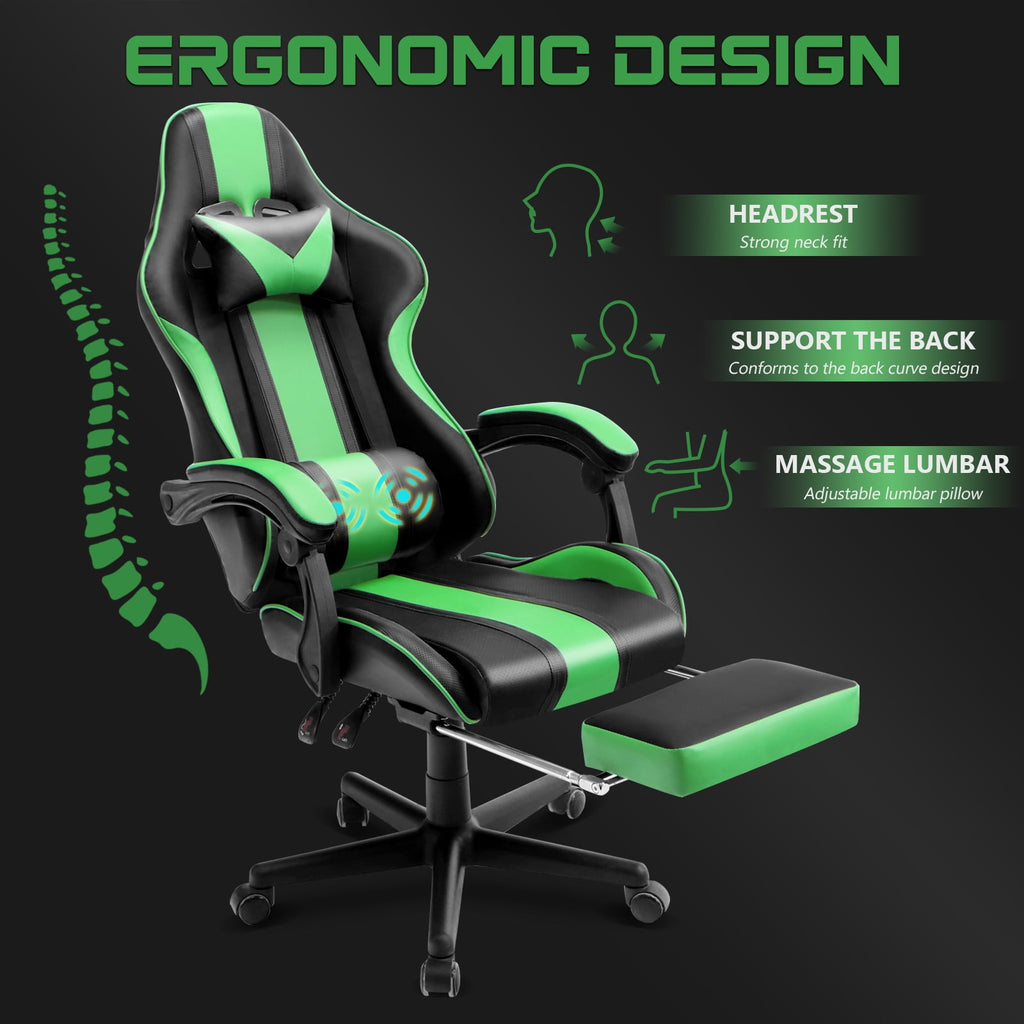 SOONTRANS Green Gaming Chair for Adult, High Back Gamer Game Chair with Footrest & Massage Lumbar Pillow, Ergonomic Swivel Office Computer Chairs s Girls, Green