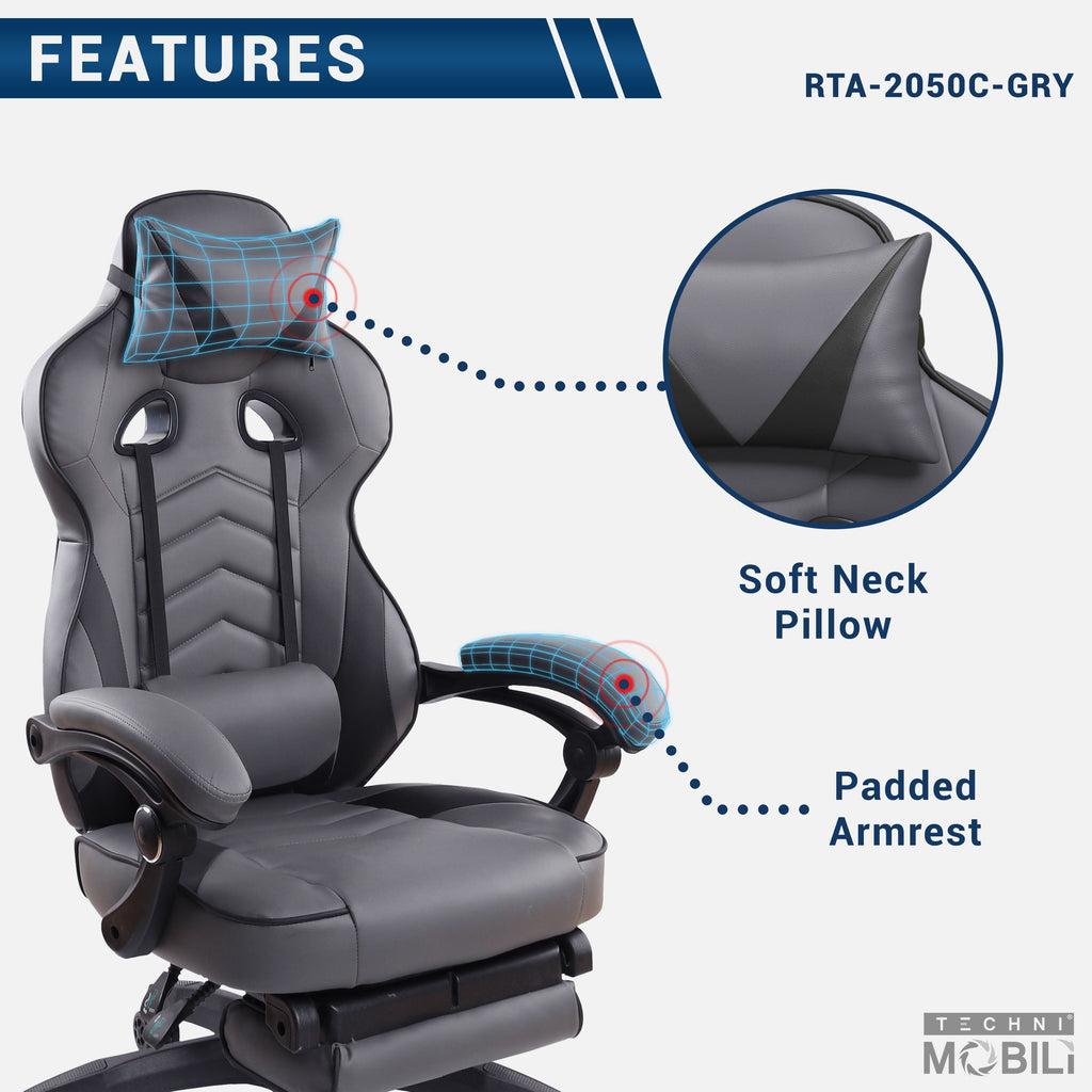Techni Mobili Gaming Racing Style Fully Reclining Executive Office Chair with Footrest, Gray RTA-2050C-GRY