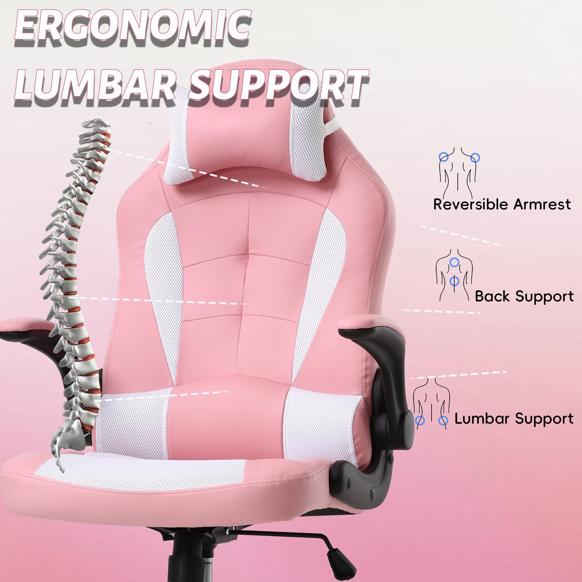 CL.HPAHKL Ergonomic PC Gaming Chair, PU Leather Gamer Chair with 360° Swivel Seat Comfortable Computer Chair with Lumbar Support Height Adjustable Video Game Chairs for Adults Teens, Pink