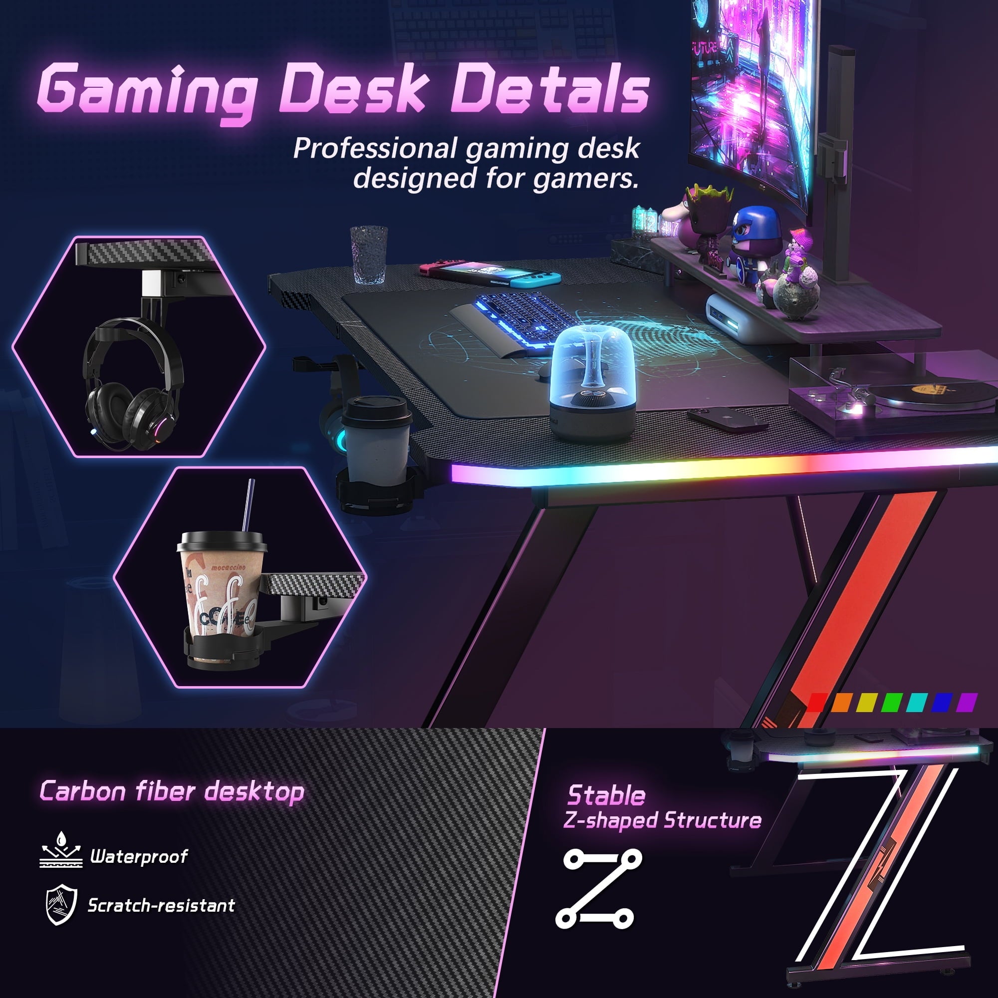 Homall RGB Gaming Desk and Chair Set, Carbon Fiber Desktop Z-Shape Table Massage Ergonomics Racing Chair E-Sports LED Lights RGB Gaming Chair with Footrest, White