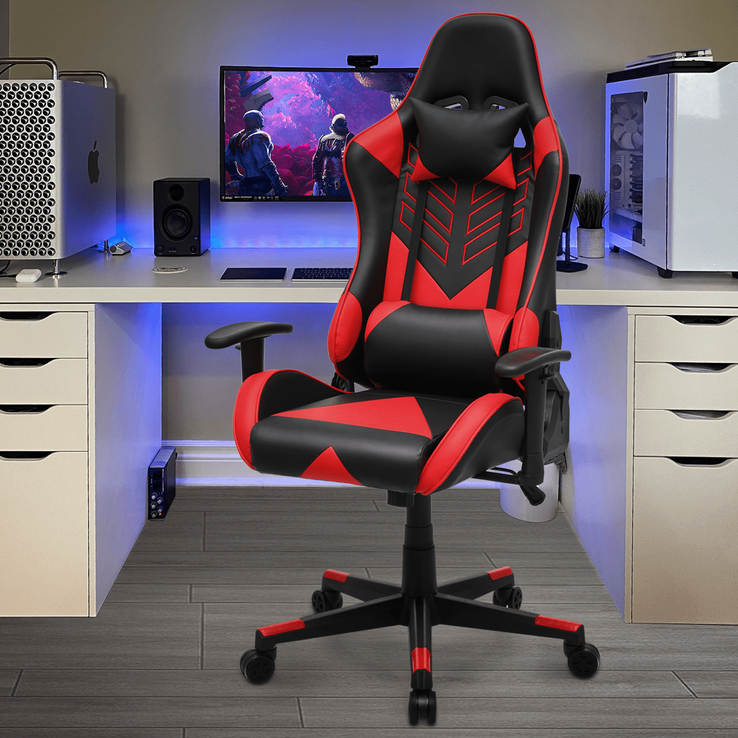 MoNiBloom Ergonomic Racing Style Gaming Chair, Computer Chair with Lumbar Support, Leather Chair with Armrest for Gaming, Red