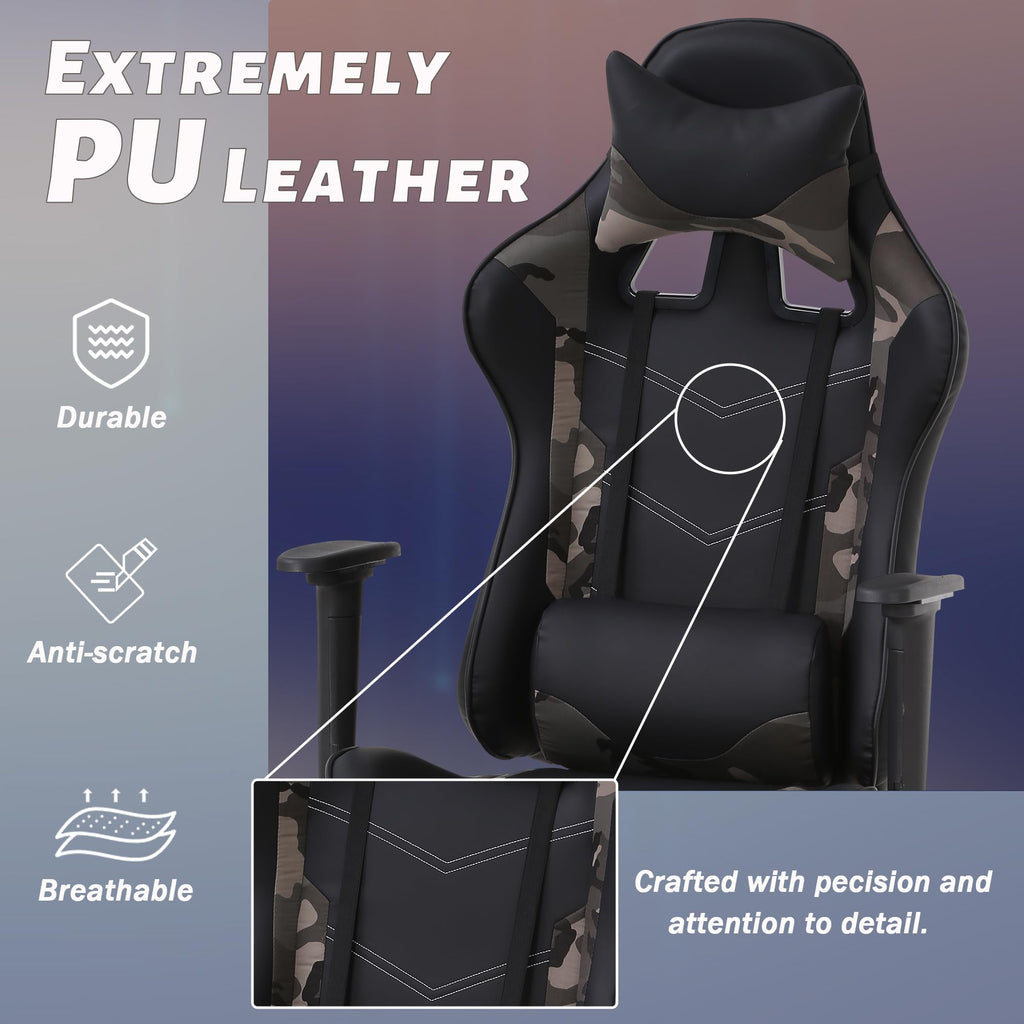 YRLLENSDAN Gaming Chair with Footrest & Adjustable Headrest for Adults Teen, Big and Tall Gamer Chair, Reclining Computer Gaming Chair, Black and Camo