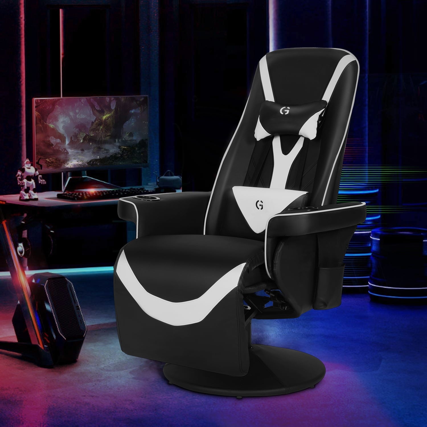 G-ROCKER Queen Throne Video Gaming Chair Ergonomic Recliner Racing Chair, High Back Swivel Chair with Footrest and Adjustable Backrest, Lumbar Support, Headrest and Cupholders, Black White