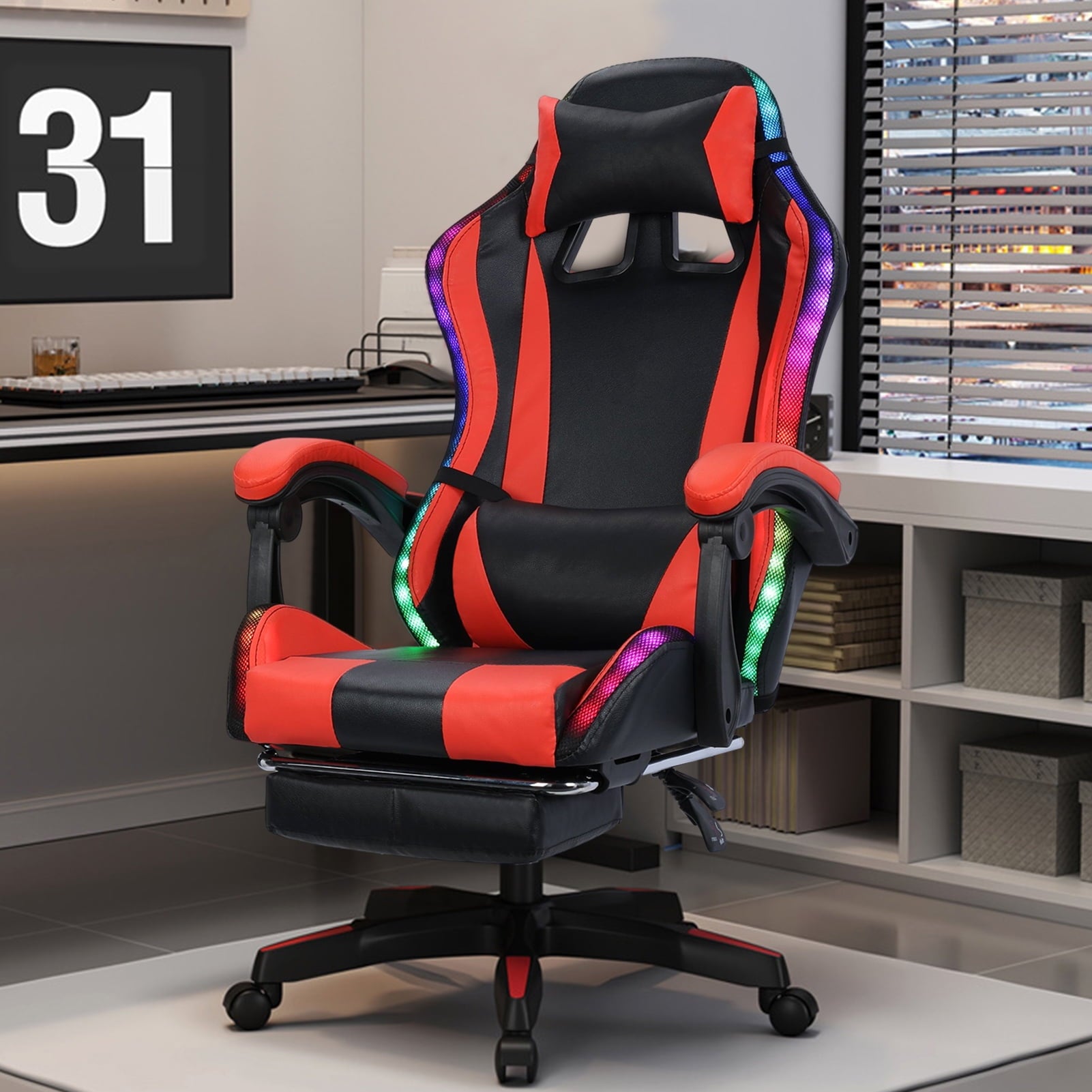 Ergonomic Gaming Chair w/Bluetooth Speakers, Lighting & Massage - Adjustable Height & Lumbar Support for PC/Console Gamers