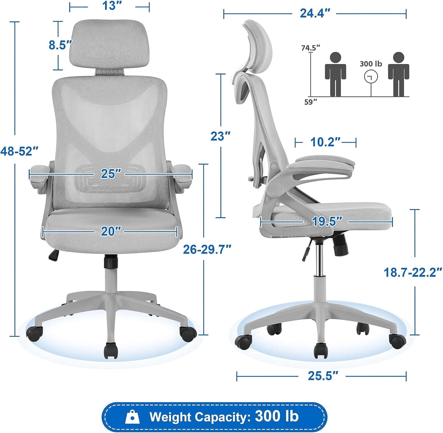 TDUKDB Ergonomic Mesh Office Chair, High Back Desk Chair with with flip-up Armrests, Adjustable Padded Headrest Computer Chair with Lumbar Support for Home Oiffce Game Room, Full Gray