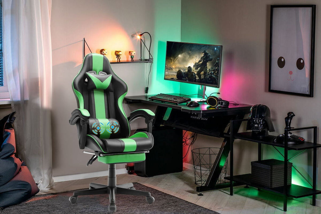 SOONTRANS Green Gaming Chair for Adult, High Back Gamer Game Chair with Footrest & Massage Lumbar Pillow, Ergonomic Swivel Office Computer Chairs s Girls, Green