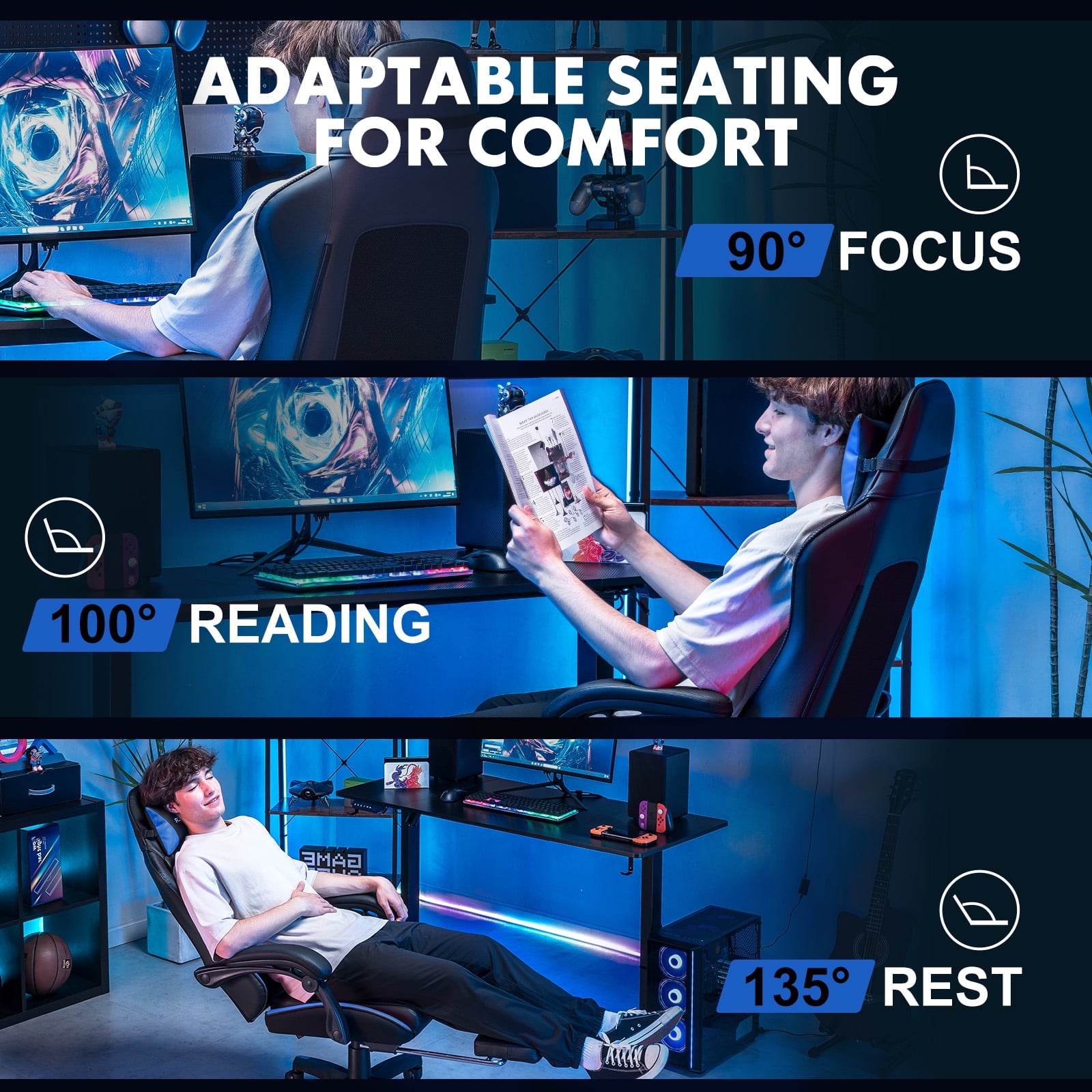 GTPLAYER High Back Faux Leather Adjustable Height Gaming Computer, Blue