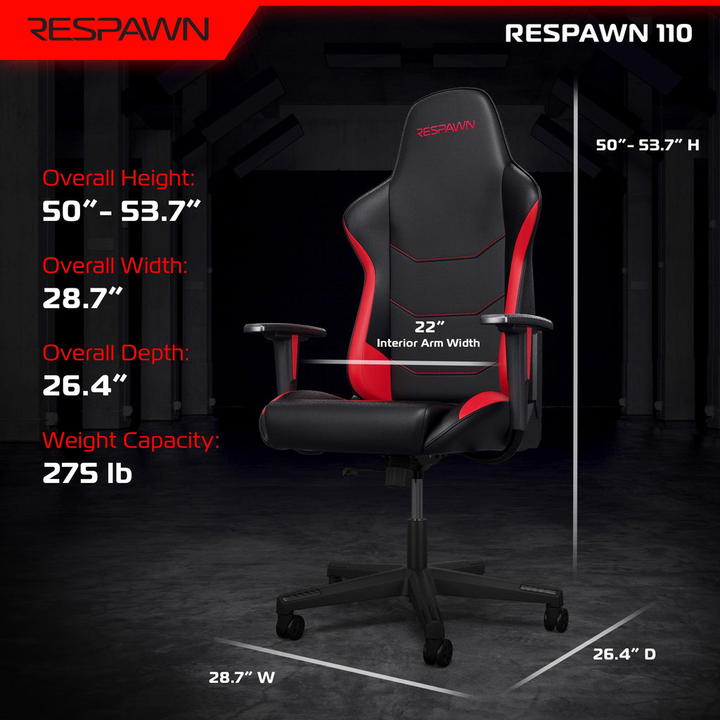 RESPAWN 110 Ergonomic Gaming Chair - Reclining Office Video Game Swivel Chair with Lumbar Support, Headrest, Heavy Duty, High Back, Racing Style Gaming Recliner Seat for Computer Gamer - Red