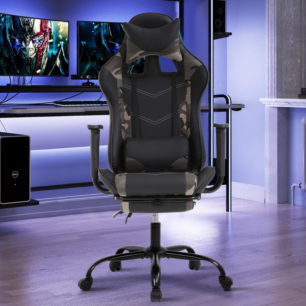 YRLLENSDAN Gaming Chair with Footrest & Adjustable Headrest for Adults Teen, Big and Tall Gamer Chair, Reclining Computer Gaming Chair, Black and Camo