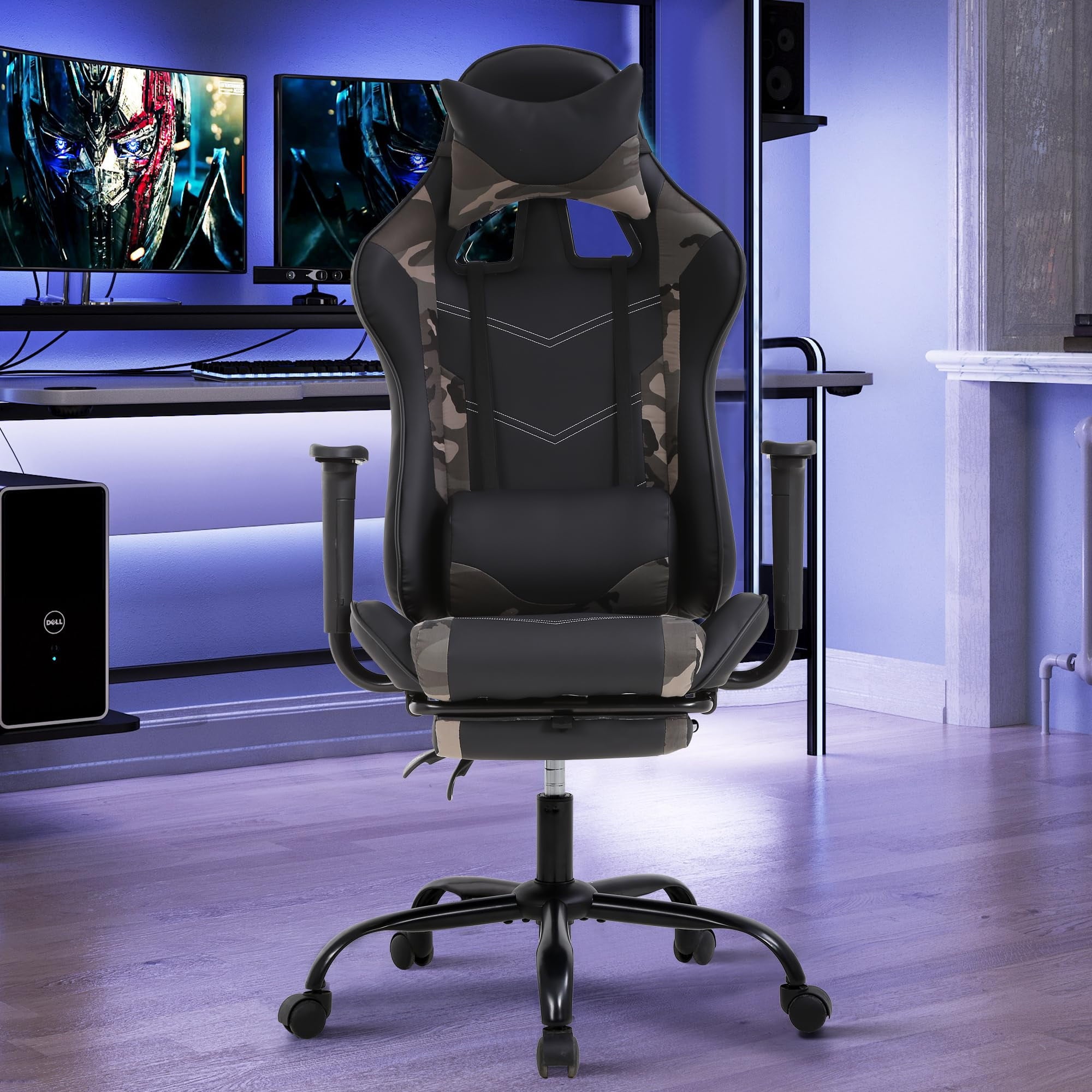 YRLLENSDAN Gaming Chair with Footrest & Adjustable Headrest for Adults Teen, Big and Tall Gamer Chair, Reclining Computer Gaming Chair, Black and Camo