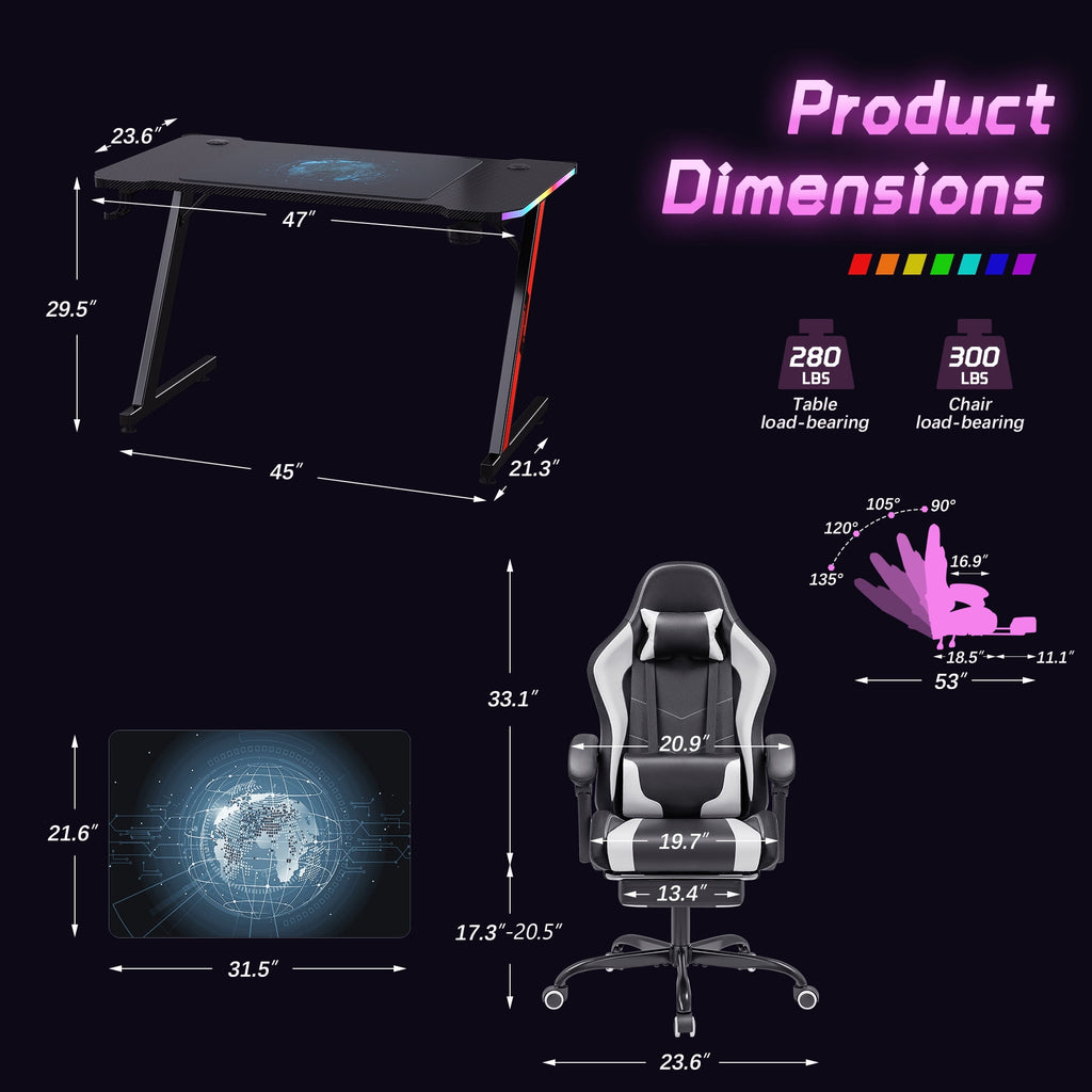 Homall RGB Gaming Desk and Chair Set, Carbon Fiber Desktop Z-Shape Table Massage Ergonomics Racing Chair E-Sports LED Lights RGB Gaming Chair with Footrest, White