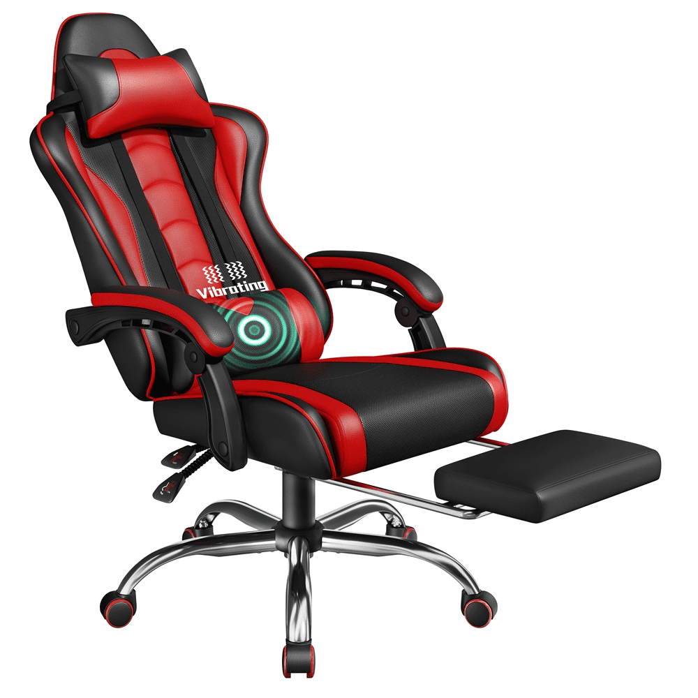 Yaheetech Reclining Gaming Chair with Folding Footrest and Massage Lumbar Pillow, Black/Red