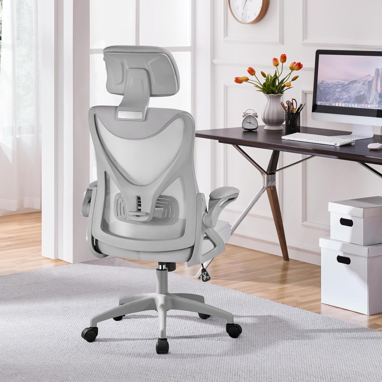 TDUKDB Ergonomic Mesh Office Chair, High Back Desk Chair with with flip-up Armrests, Adjustable Padded Headrest Computer Chair with Lumbar Support for Home Oiffce Game Room, Full Gray