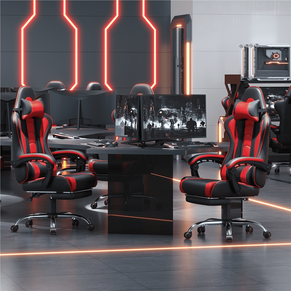 Yaheetech Reclining Gaming Chair with Folding Footrest and Massage Lumbar Pillow, Black/Red