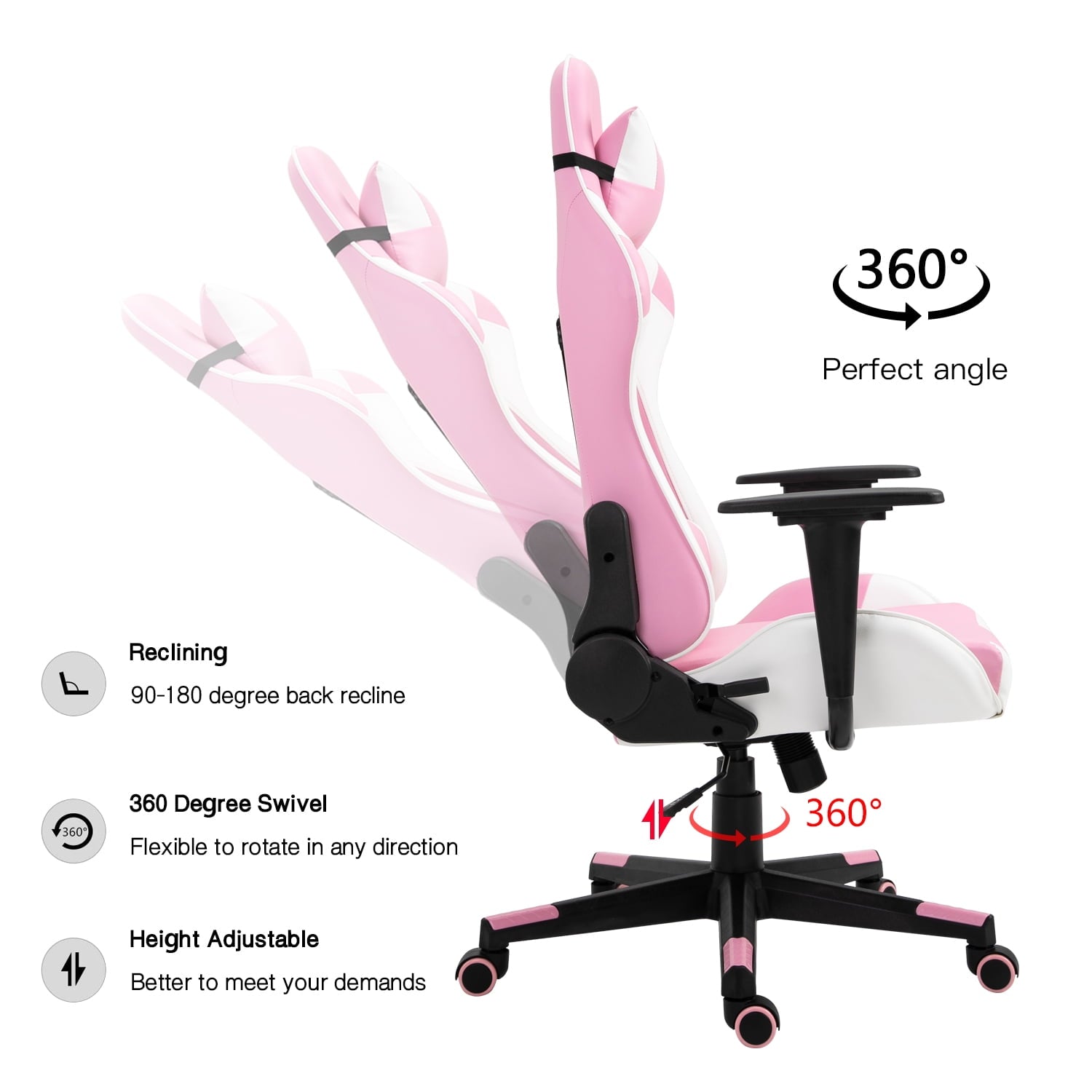 Gaming Chair Office Desk Chair Ergonomic Reclining Computer Chair Height Adjustable Swivel Recliner with Headrest Lumbar Support, Pink White