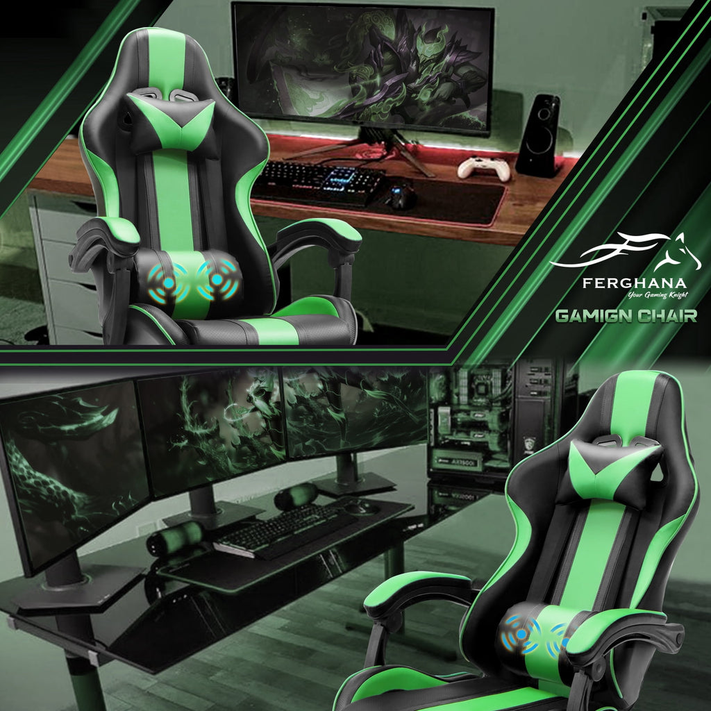 SOONTRANS Green Gaming Chair for Adult, High Back Gamer Game Chair with Footrest & Massage Lumbar Pillow, Ergonomic Swivel Office Computer Chairs s Girls, Green