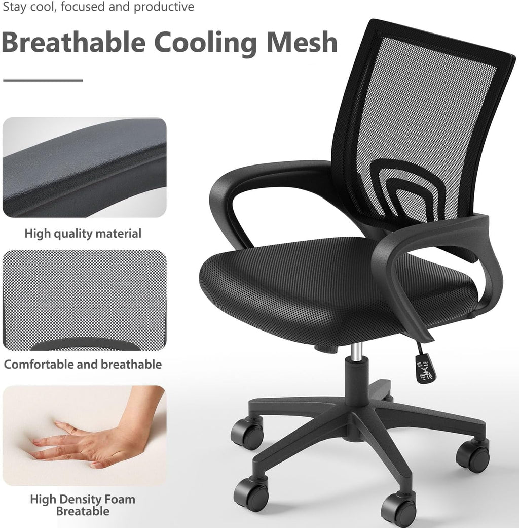 Lorelia Home Office Chair, Ergonomic Mid-Back Mesh Desk Chair with Lumbar Support, Adjustable Swivel Rolling Design, Comfy Armrest for Work, Study, Gaming, Vanity, Black