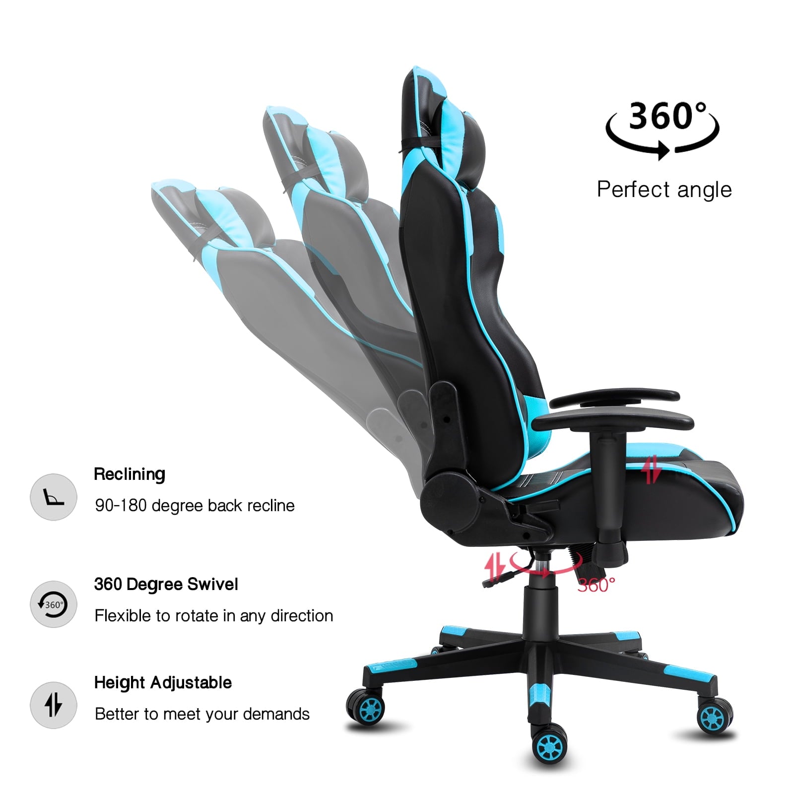 Reclining Gaming Chair in Home Office Ergonomic Video Game PC Computer Desk Chair for Adults, Black Blue