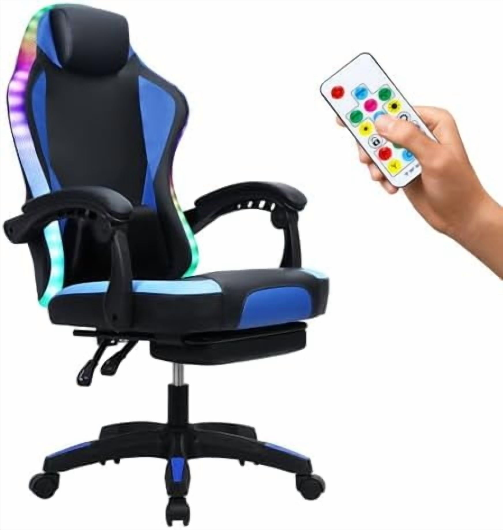 Gaming Chair with Speakers, Bluetooth Gaming Chair with RGB LED Lights and Footrest, Height Adjustable Massage Computer Chair Lumbar Support for Adults (Black)