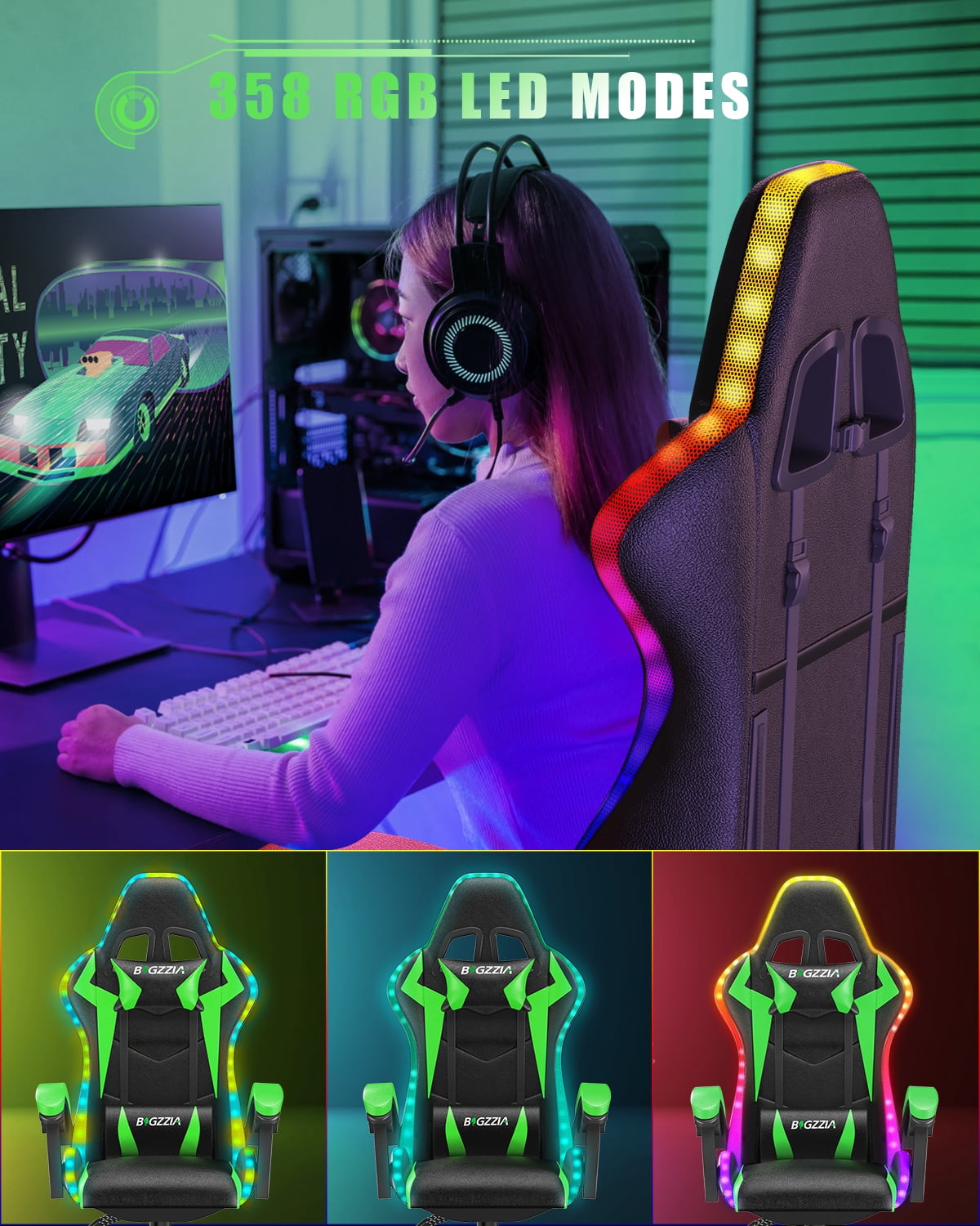 Bigzzia Gaming Chair with LED Lights, Adjustable Headrest & Lumbar Support, Height Adjustable, Green
